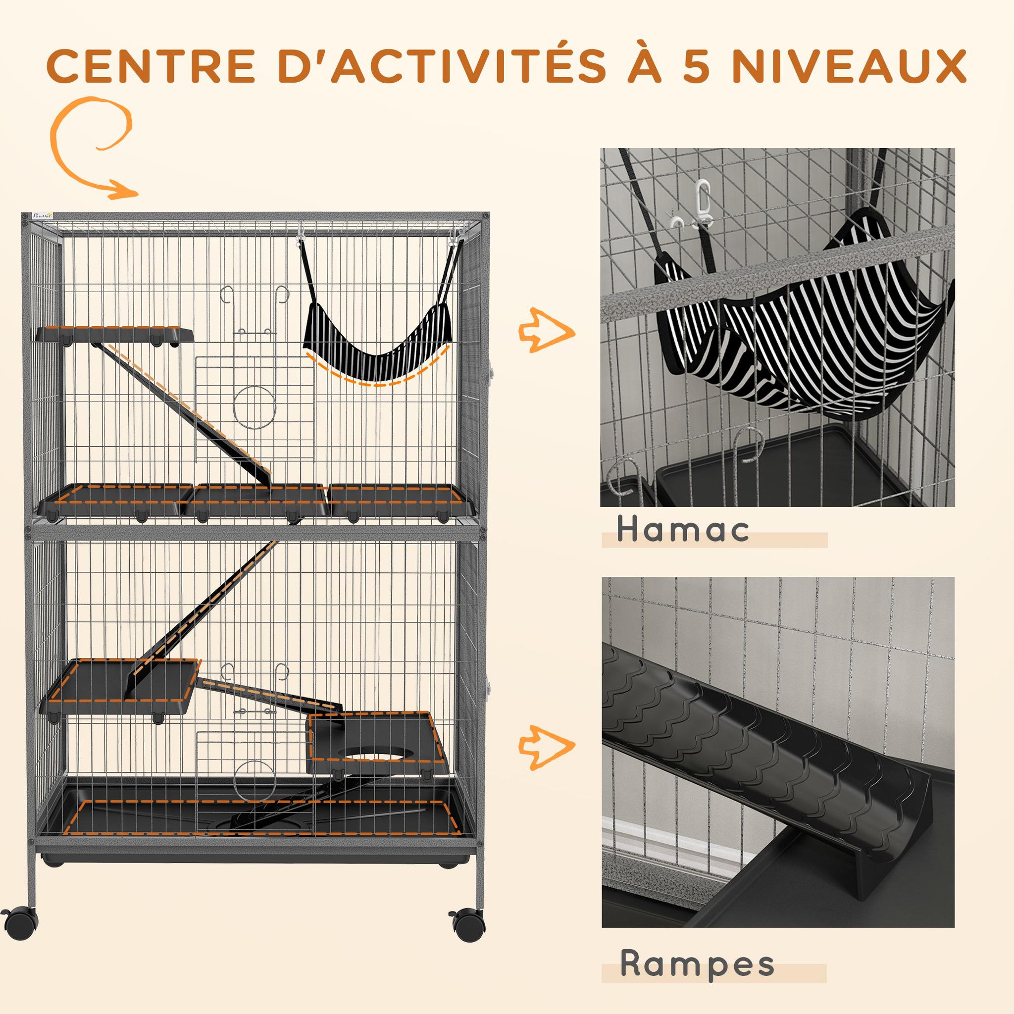 Voir la diapositive 6 : PAWHUT Cage pour rongeurs furet chinchilla 4 plateformes 3 rampes 4 portes hamac plateau acier gris noir