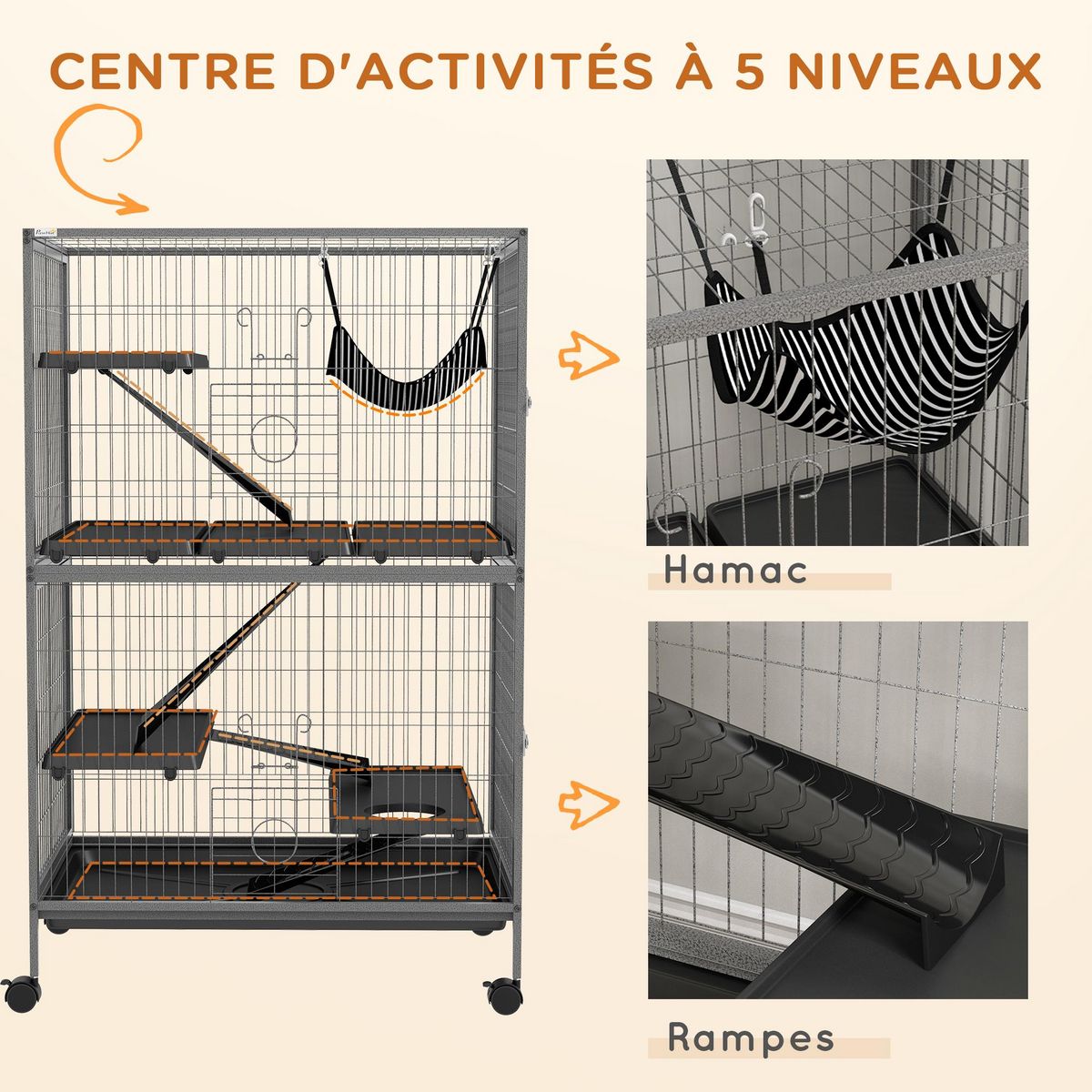 PAWHUT Cage pour rongeurs furet chinchilla 4 plateformes 3 rampes 4 portes hamac plateau acier gris noir