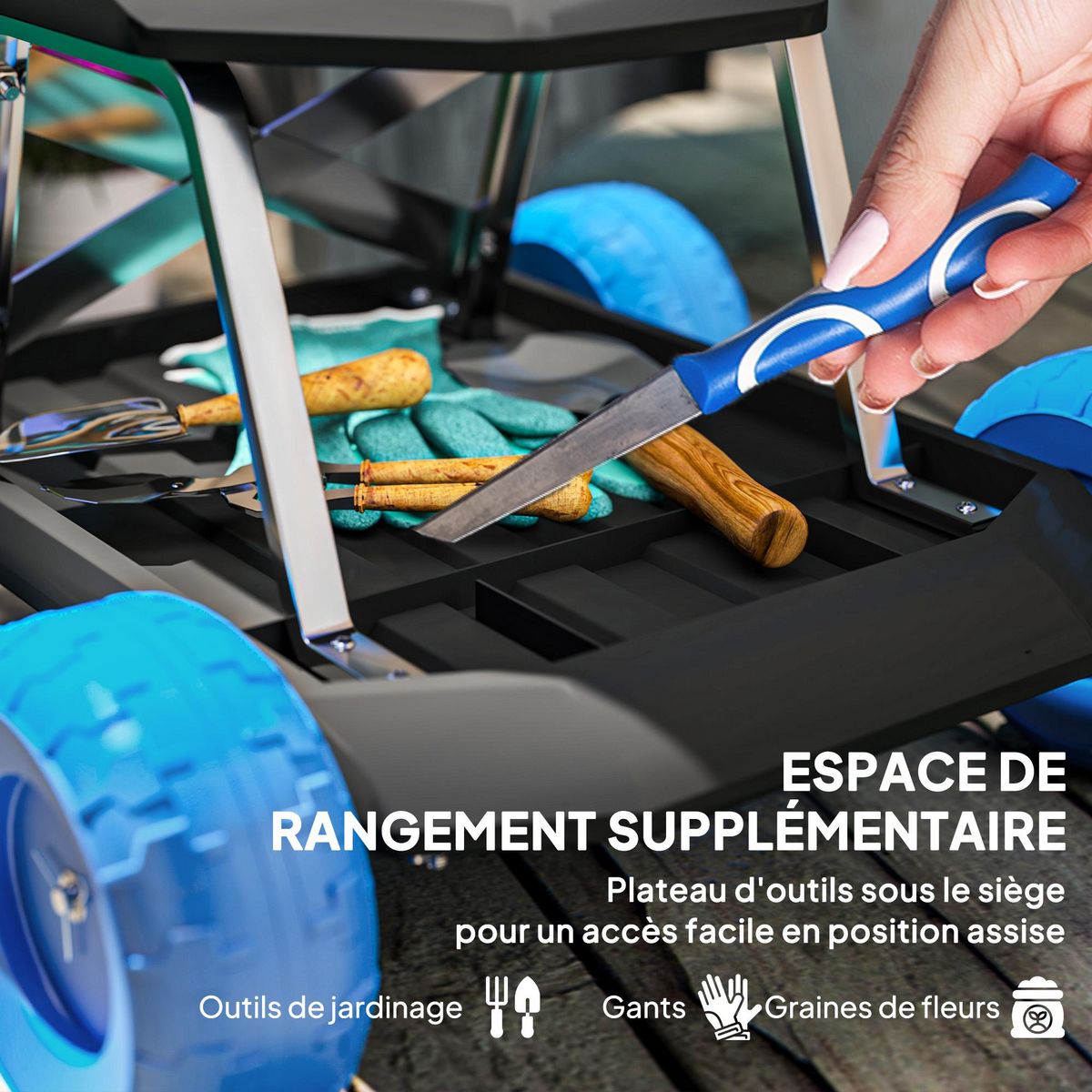 OUTSUNNY Tabouret de jardinage - siège de jardin sur roues - plateau à outils intégré - bleu noir