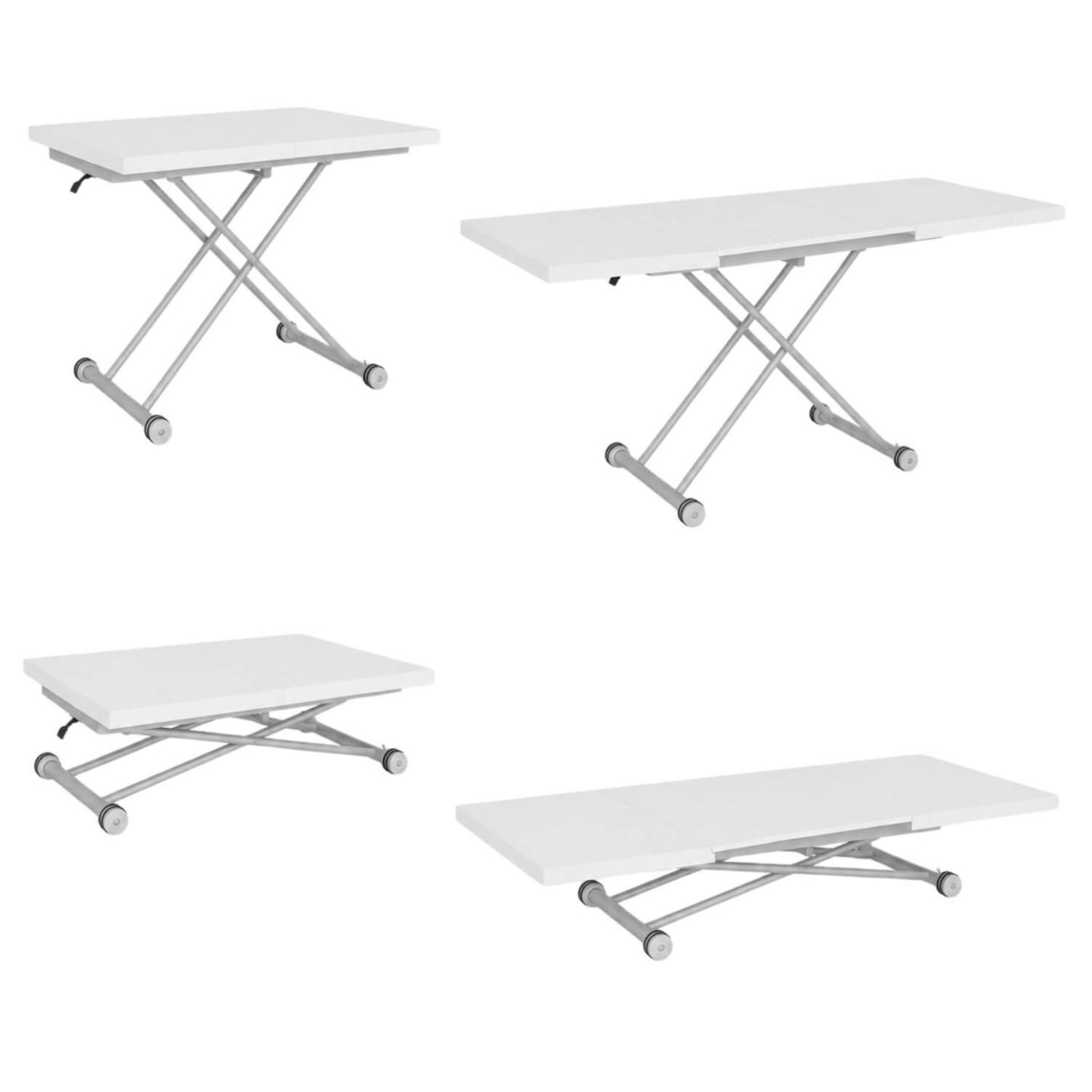 Voir la diapositive 5 : ID MARKET Table basse extensible relevable en table à manger rectangulaire altura 100-160 cm plateau blanc pied gris chromé