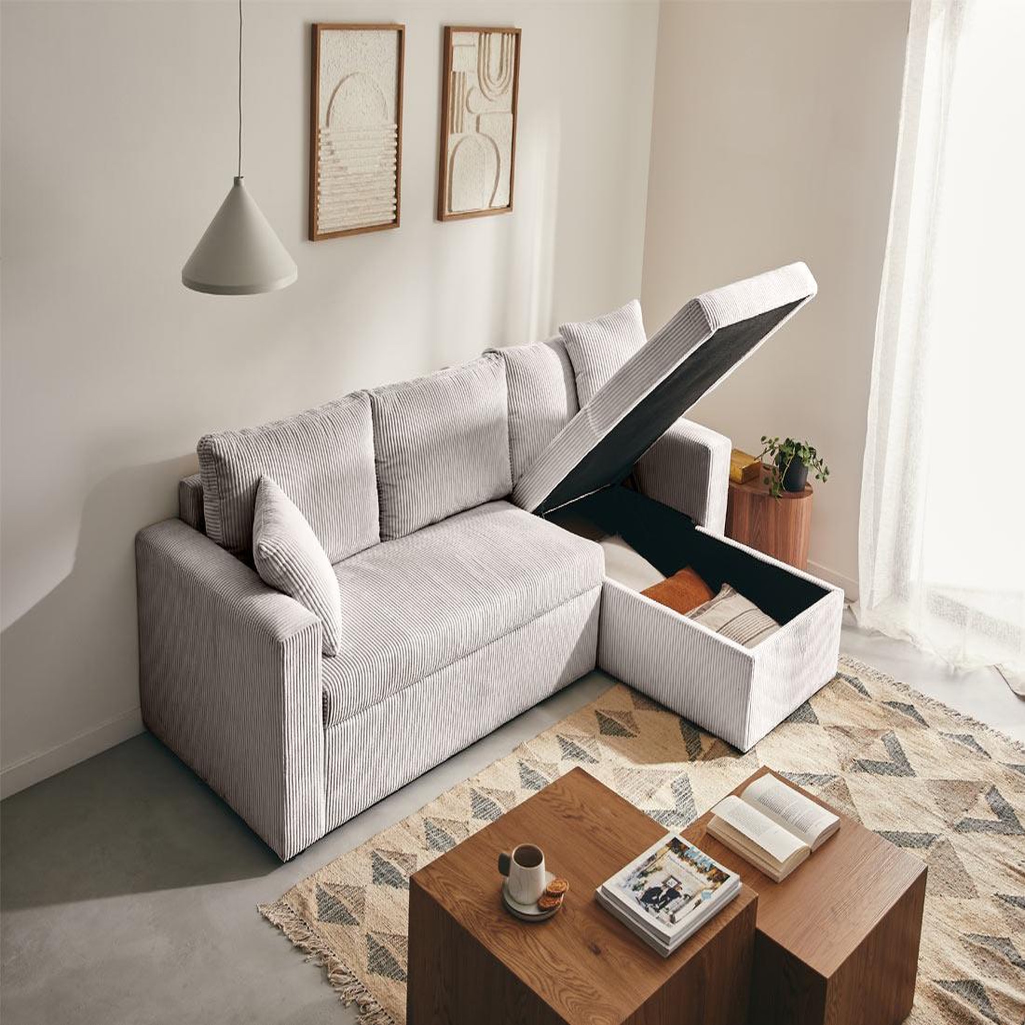 Voir la diapositive 2 : BEST MOBILIER Cyrus - canapé d'angle réversible 4 places - convertible avec coffre - en velours côtelé