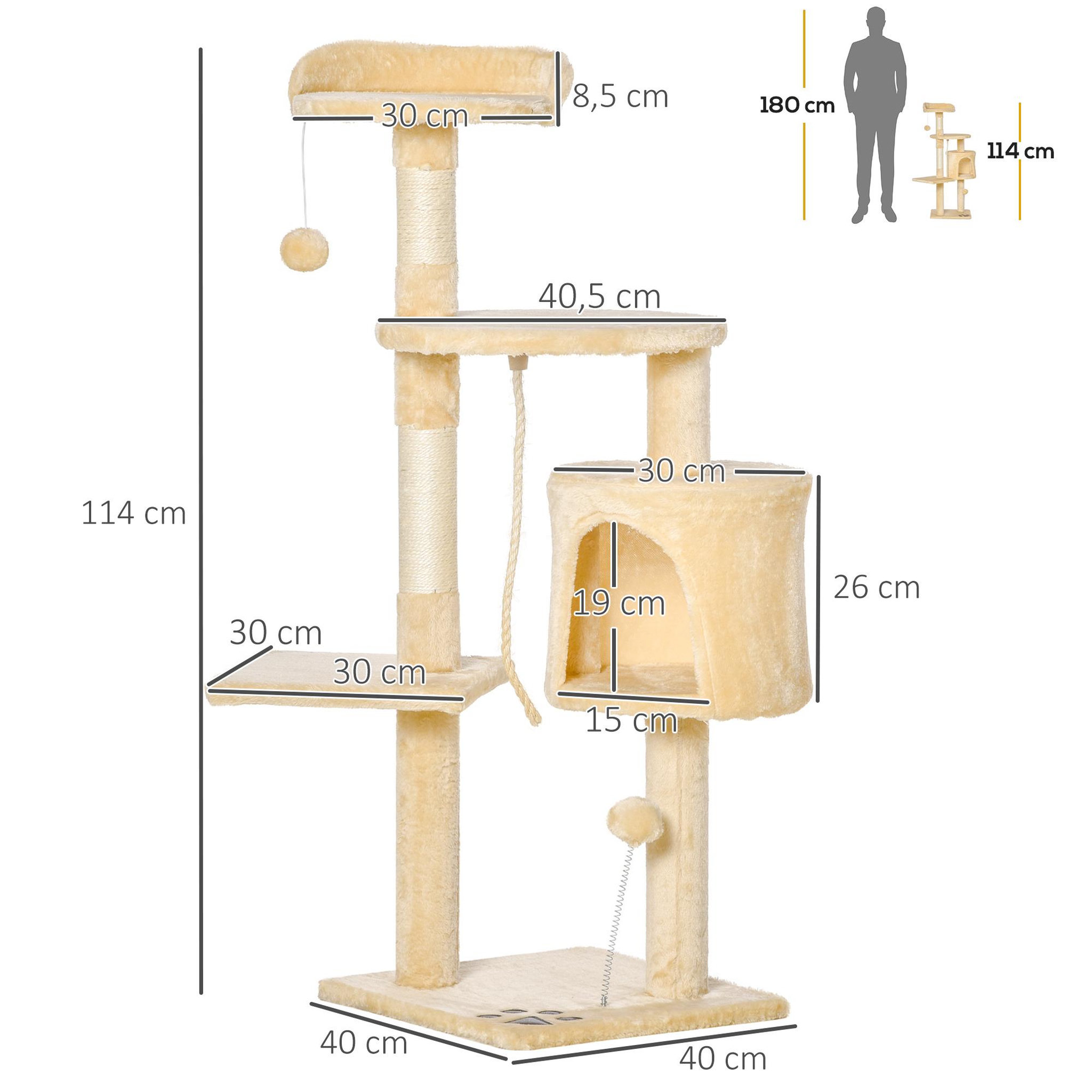 Voir la diapositive 3 : PAWHUT Arbre à chats multi-équipements griffoirs grattoirs plateformes niche corde jouets 40L x 40l x 114H cm beige