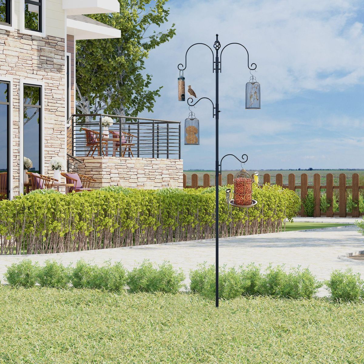 PAWHUT Mangeoire à oiseaux H.2,08 m style rustique chic 4 crochets 2 réglables 4 piquets d'ancrage au sol acier époxy aspect fer forgé