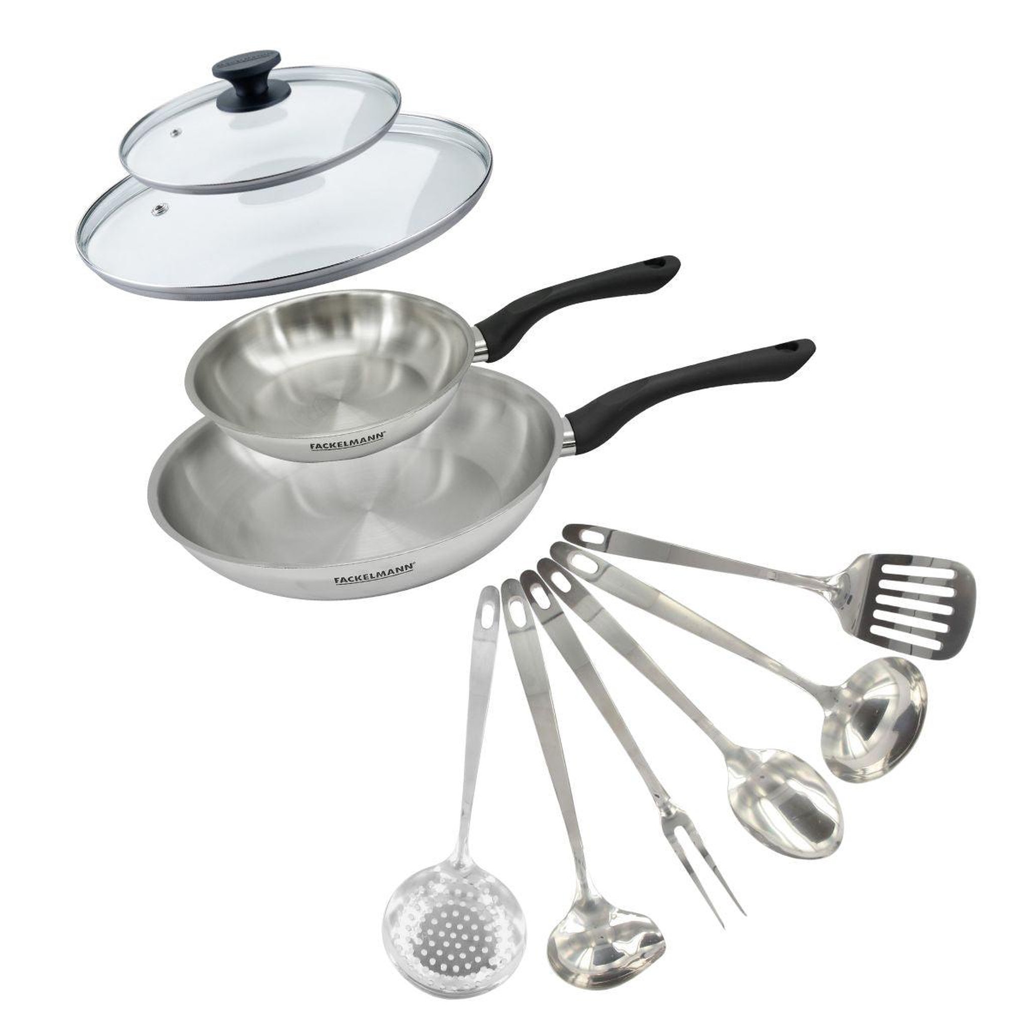 Fackelmann Set 2 poêles 20 et 28 cm en inox, couvercle verre et 6 ustensiles inox fackelmann geneva