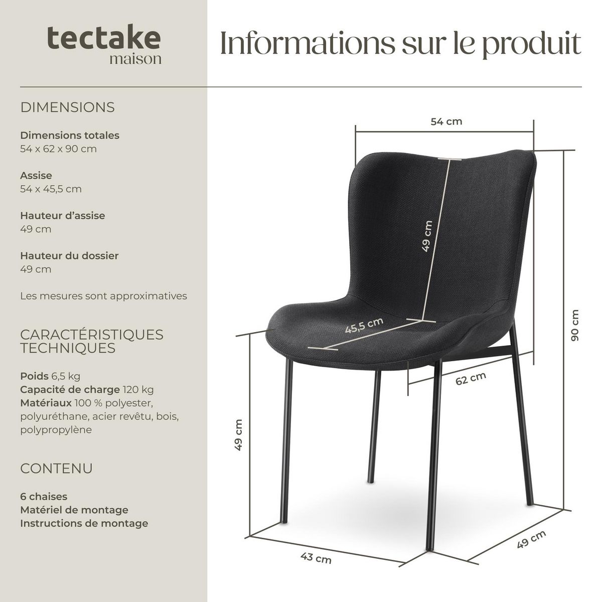 tectake Chaise rembourrée forme ergonomique avec dossier haut Tissu noir/noir Lot de 6