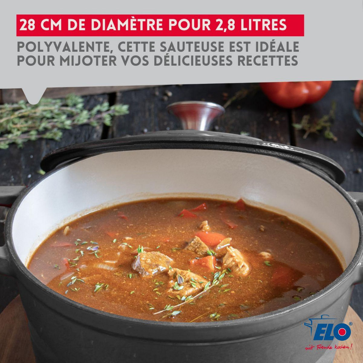 ELO Cocotte en fonte émaillée basse gris classique 28 cm 2,8 L Elo