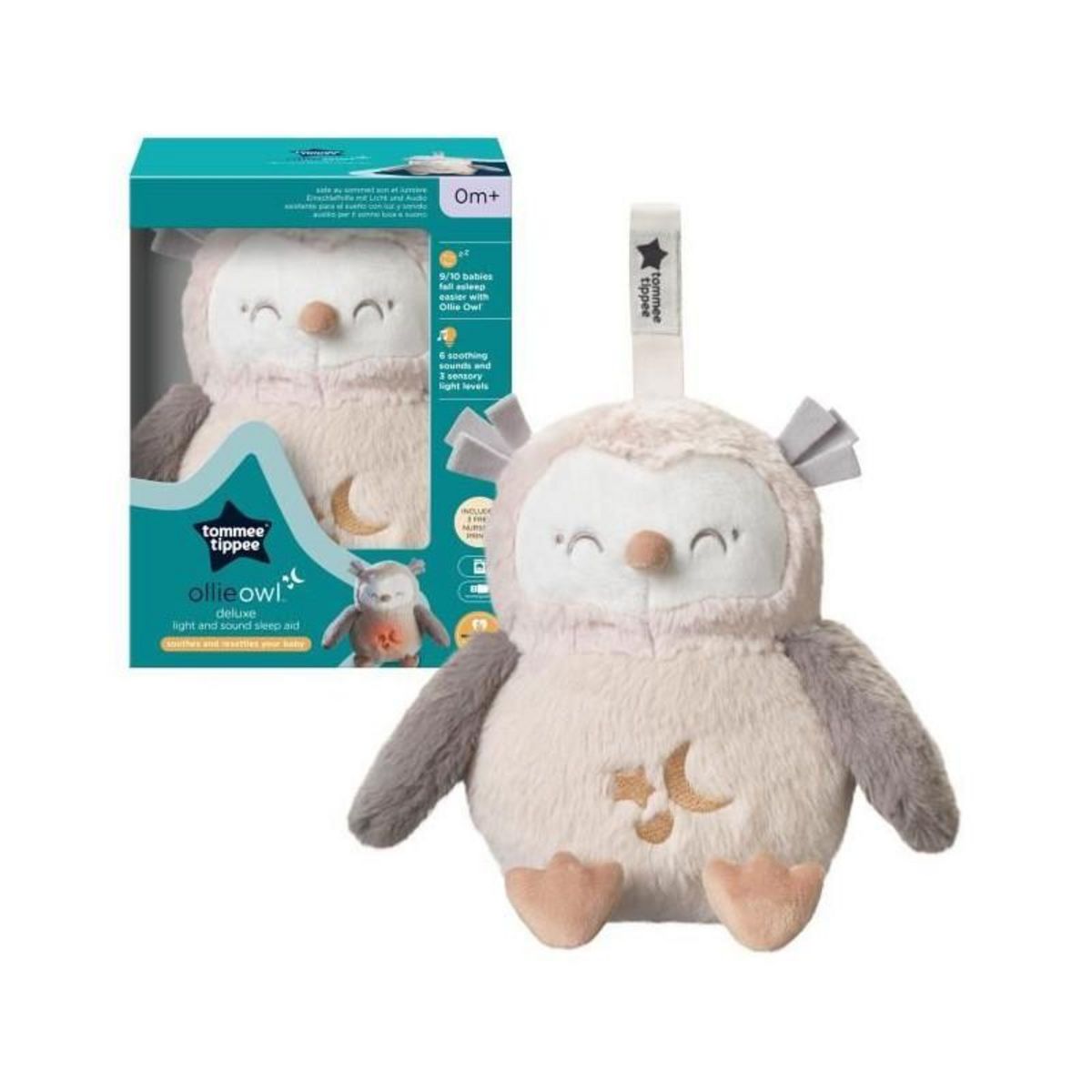TOMMEE TIPPEE TOMME TIPPEE, Peluche veilleuse de luxe avec CrySensor, 6 sons apaisants, USB, lavable en machine, Ollie la Chouette