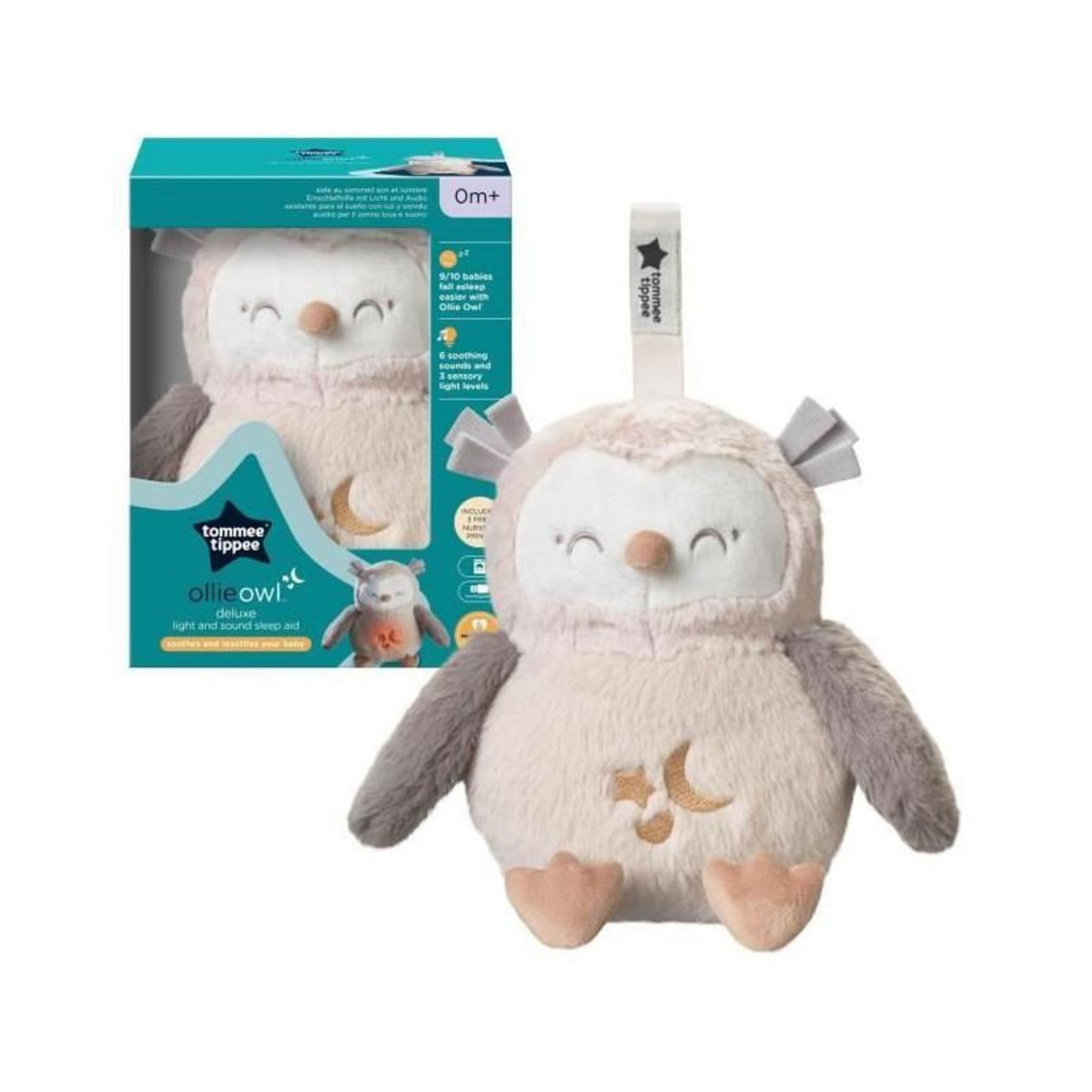 TOMMEE TIPPEE TOMME TIPPEE, Peluche veilleuse de luxe avec CrySensor, 6 sons apaisants, USB, lavable en machine, Ollie la Chouette