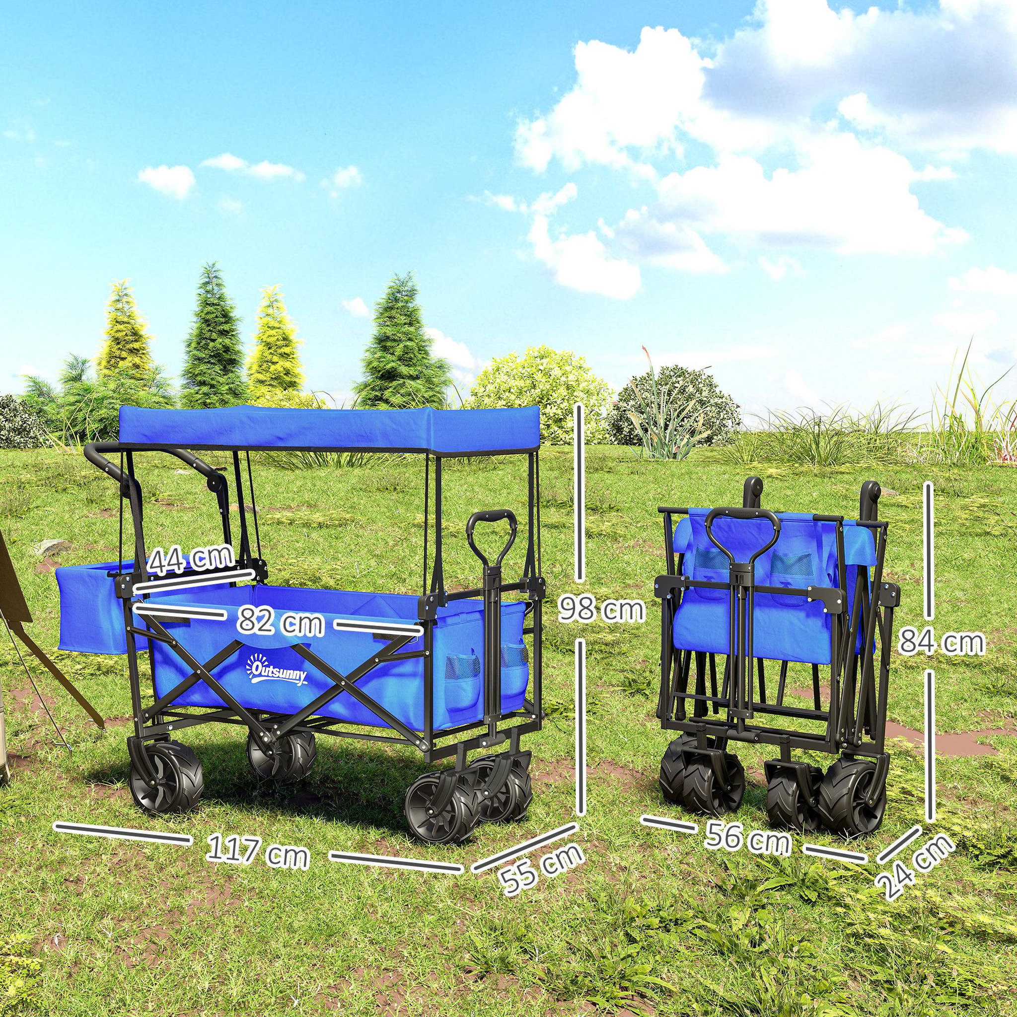 Voir la diapositive 3 : OUTSUNNY Chariot pliant avec toit, poignée, panier - chariot de plage - chariot de transport pliable tout-terrain métal noir oxford bleu