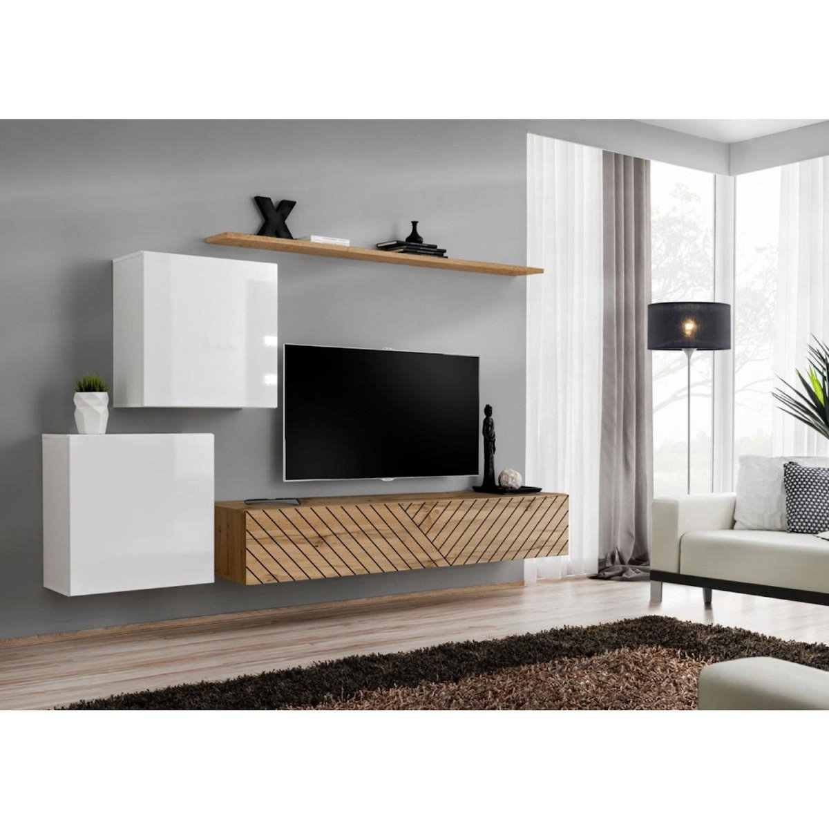 Paris Prix Ensemble Meuble TV  Switch Lamel V  250cm Naturel & Blanc