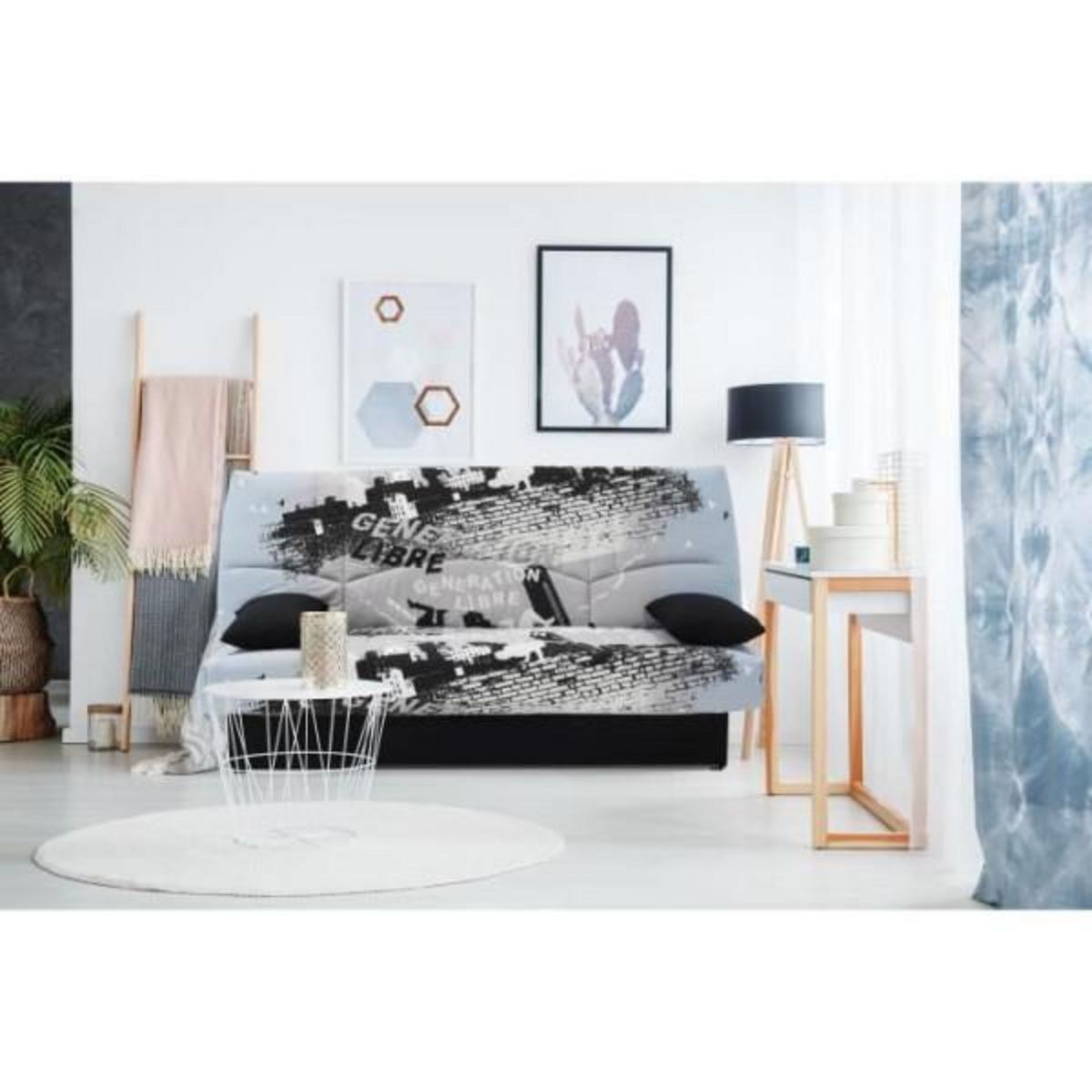 MARKET24 Clic clac 3 places DREAM - Tissu 100% Coton imprimé Parkour gris - Couchage 125x190 cm - L190 x P92 x H96 cm