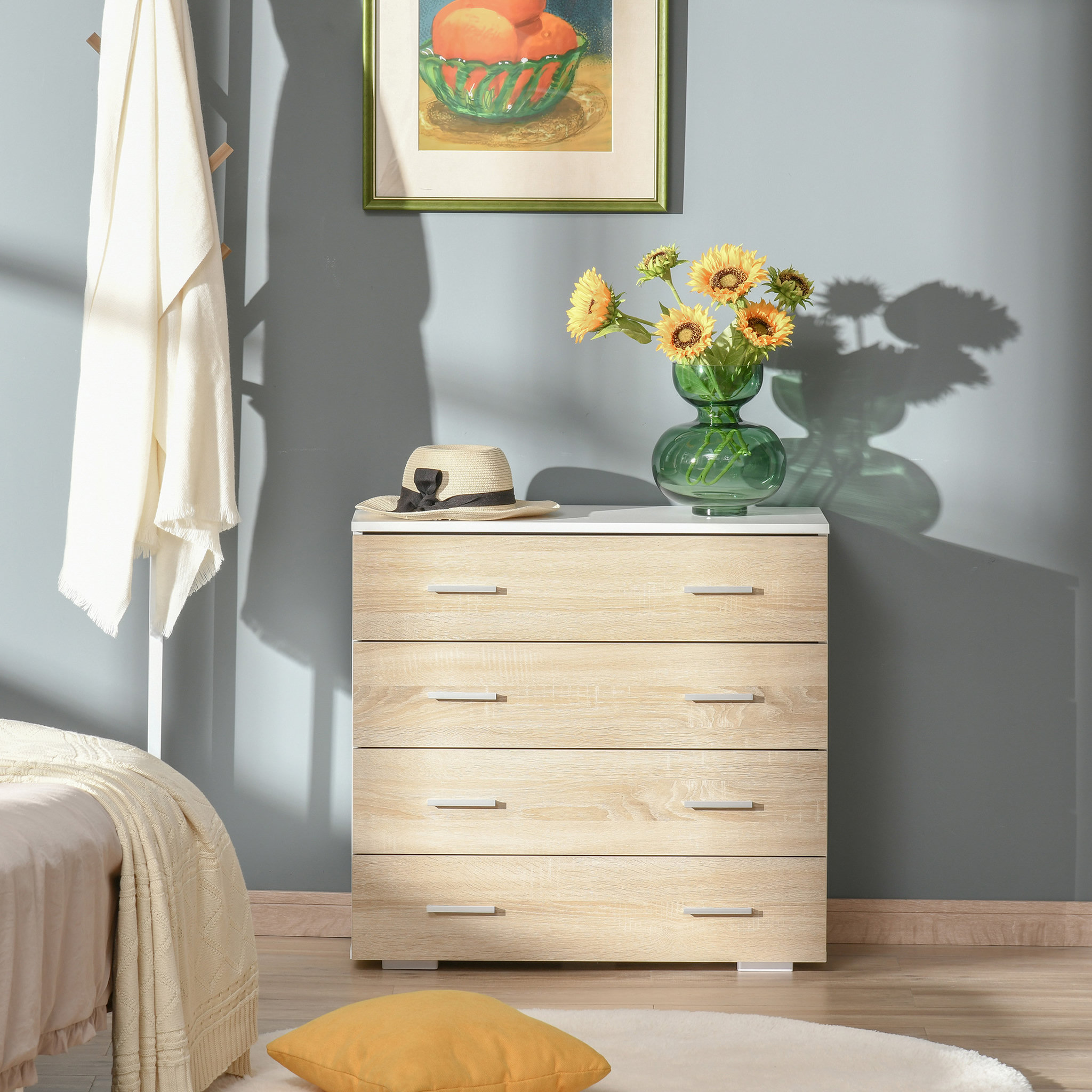 Voir la diapositive 2 : HOMCOM Commode meuble de rangement style contemporain 4 tiroirs 76 x 35 x 72 cm blanc et couleur bois