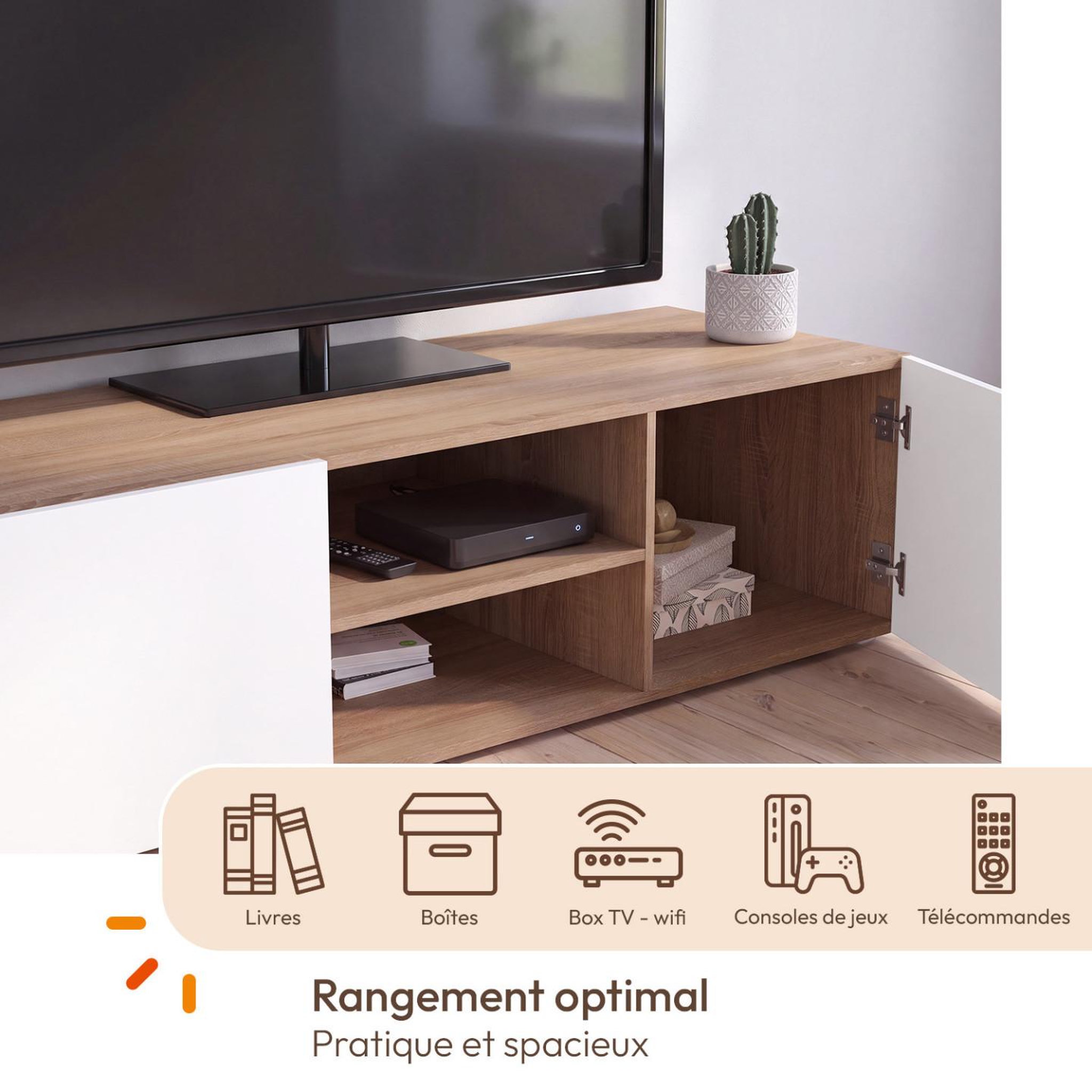 Voir la diapositive 3 : ID MARKET Meuble tv 113 cm eli bois façon hêtre portes blanches