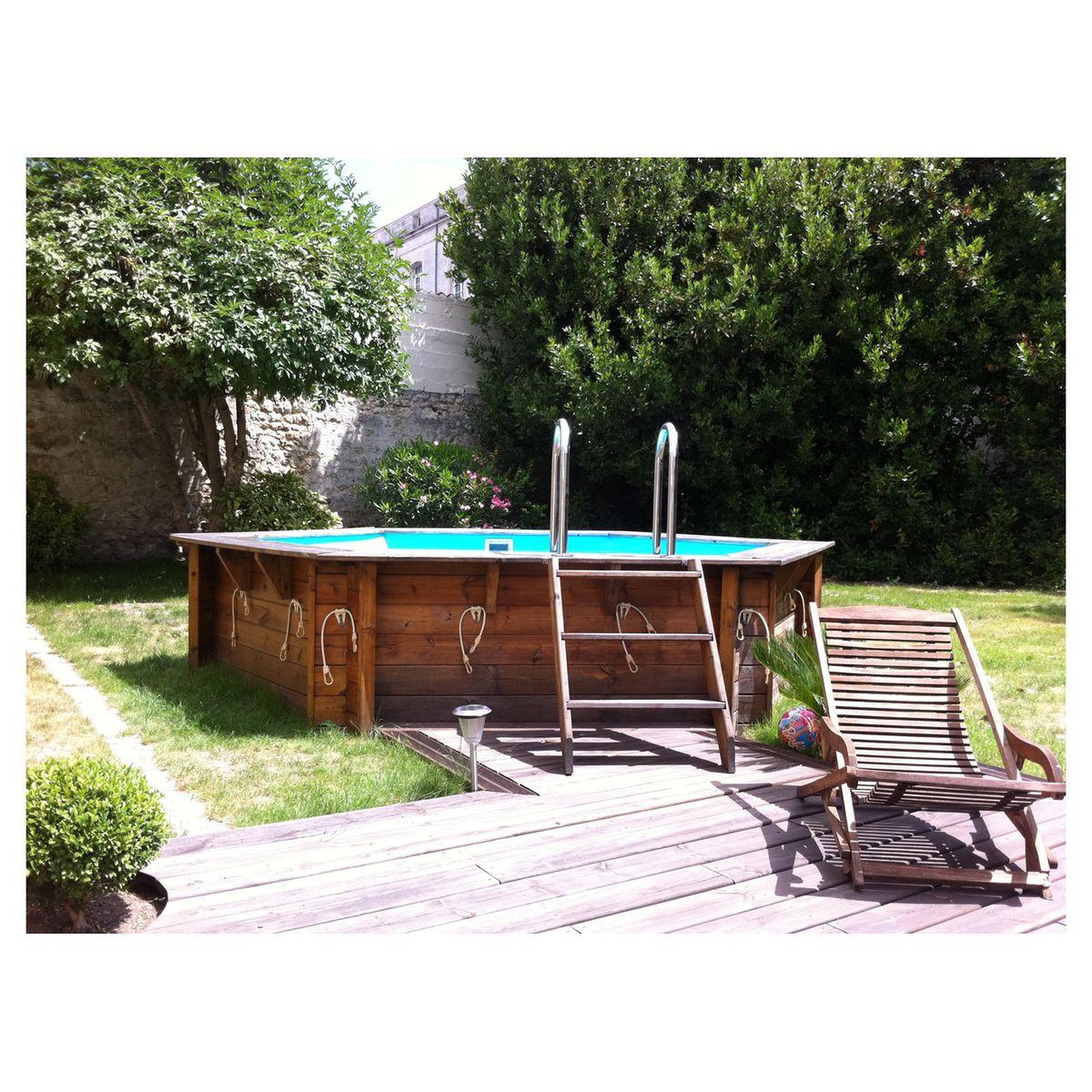 Voir la diapositive 1 : UBBINK Piscine hors sol bois hexagonale - 410x120cm - Liner Bleu + Bâche à bulles-AZURA