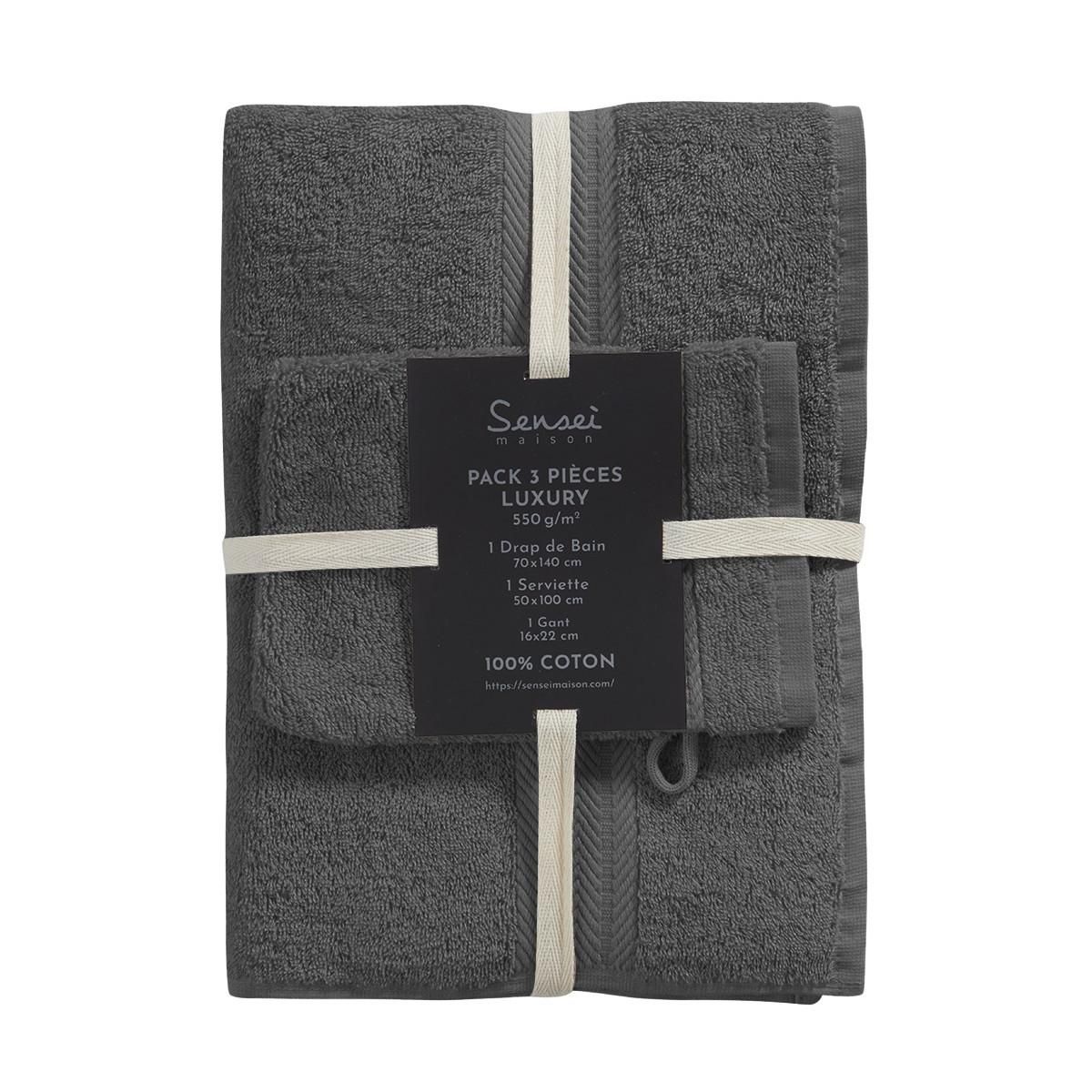 Sensei Maison Ensemble de bain 3 pièces (1 drap de bain + 1 serviette de toilette + 1 gant) LUXURY