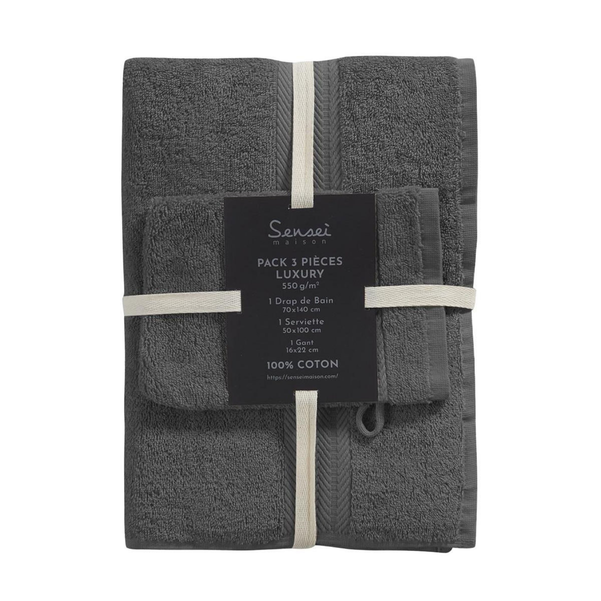 Sensei Maison Ensemble de bain 3 pièces (1 drap de bain + 1 serviette de toilette + 1 gant) LUXURY
