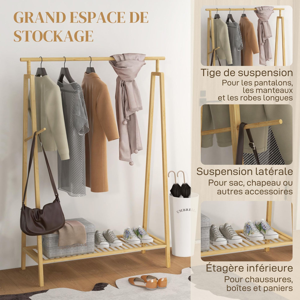 HOMCOM Portant pour vêtement en bambou - penderie avec étagère à chaussures