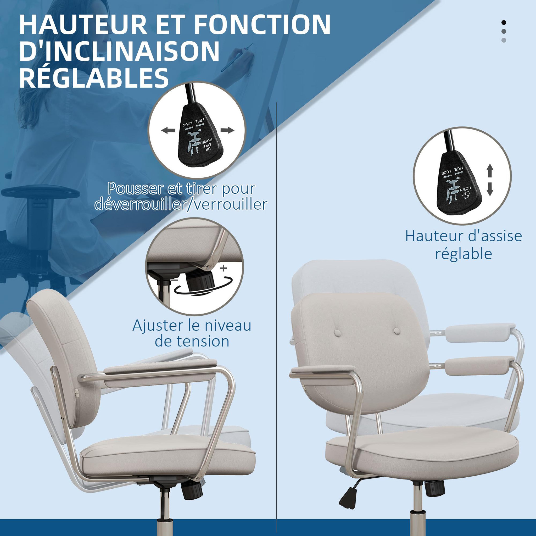 Voir la diapositive 4 : VINSETTO Chaise de bureau design néo-rétro - dossier 2 boutons, accoudoirs rembourrés - piètement structure acier chromé PU beige