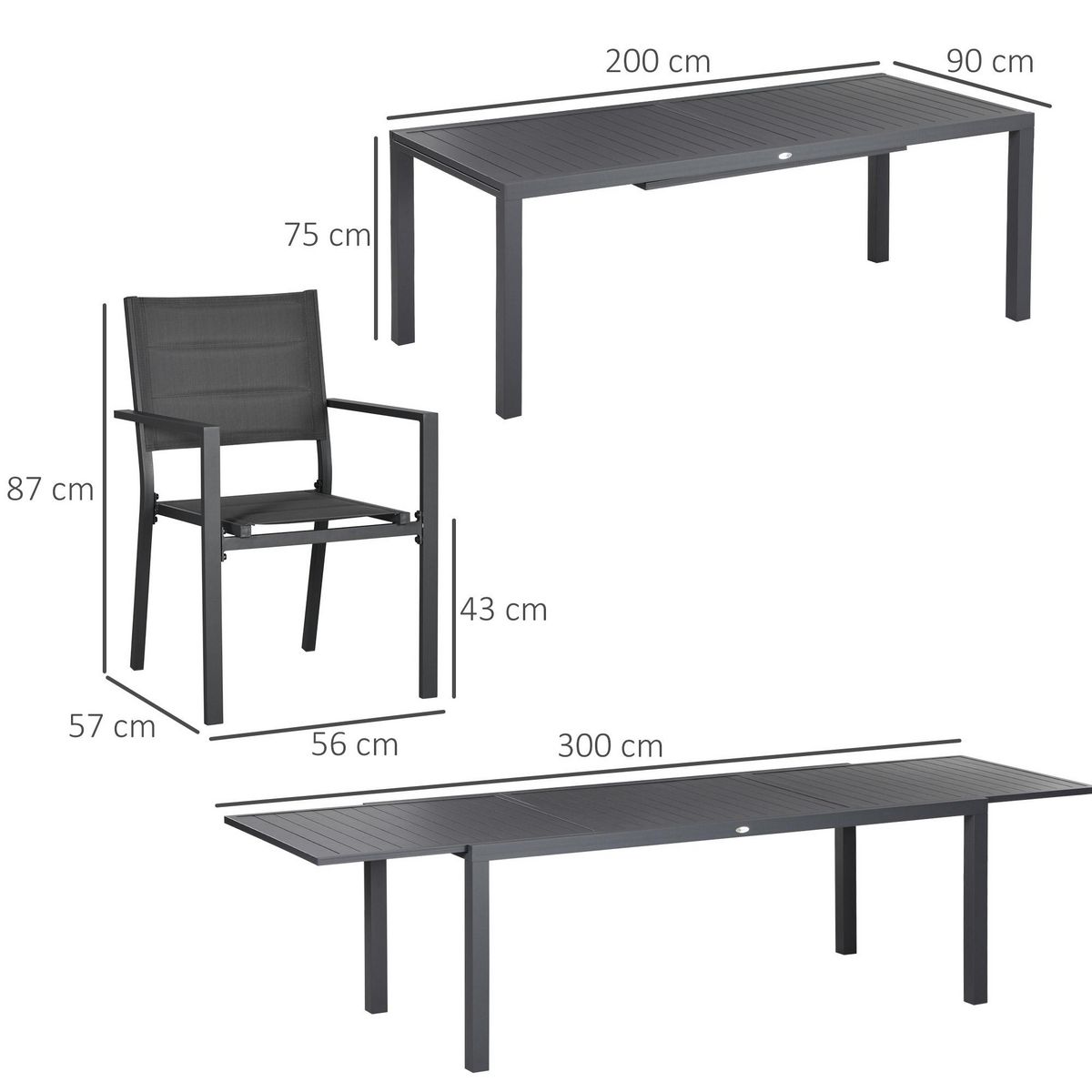OUTSUNNY Ensemble de jardin 12 personnes chaises empilables table extensible 200/300L cm alu. textilène gris