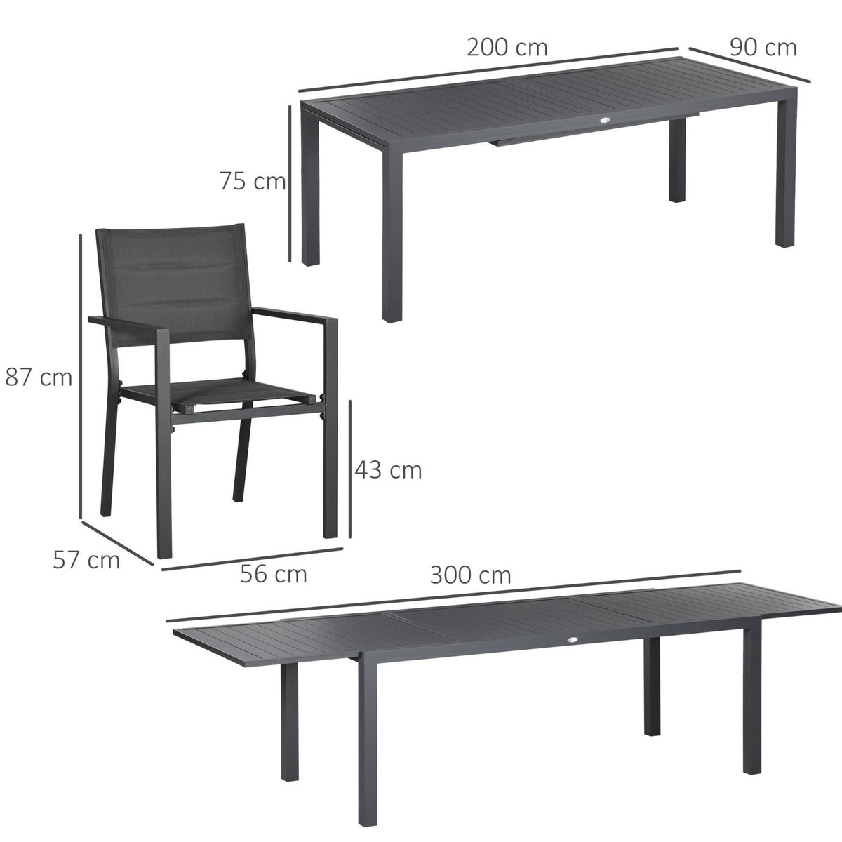 OUTSUNNY Ensemble de jardin 12 personnes chaises empilables table extensible 200/300L cm alu. textilène gris
