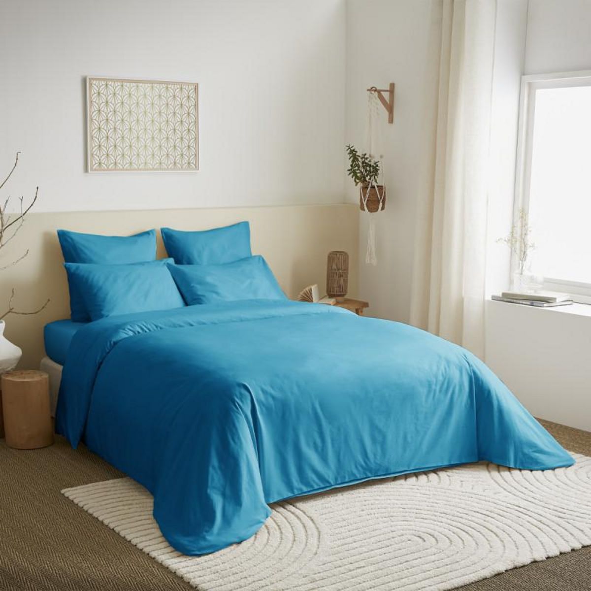 COTON PUR Pack complet 6 pièces unicolore Turquoise housse de couette pour lit 180 x 200 cm  King size