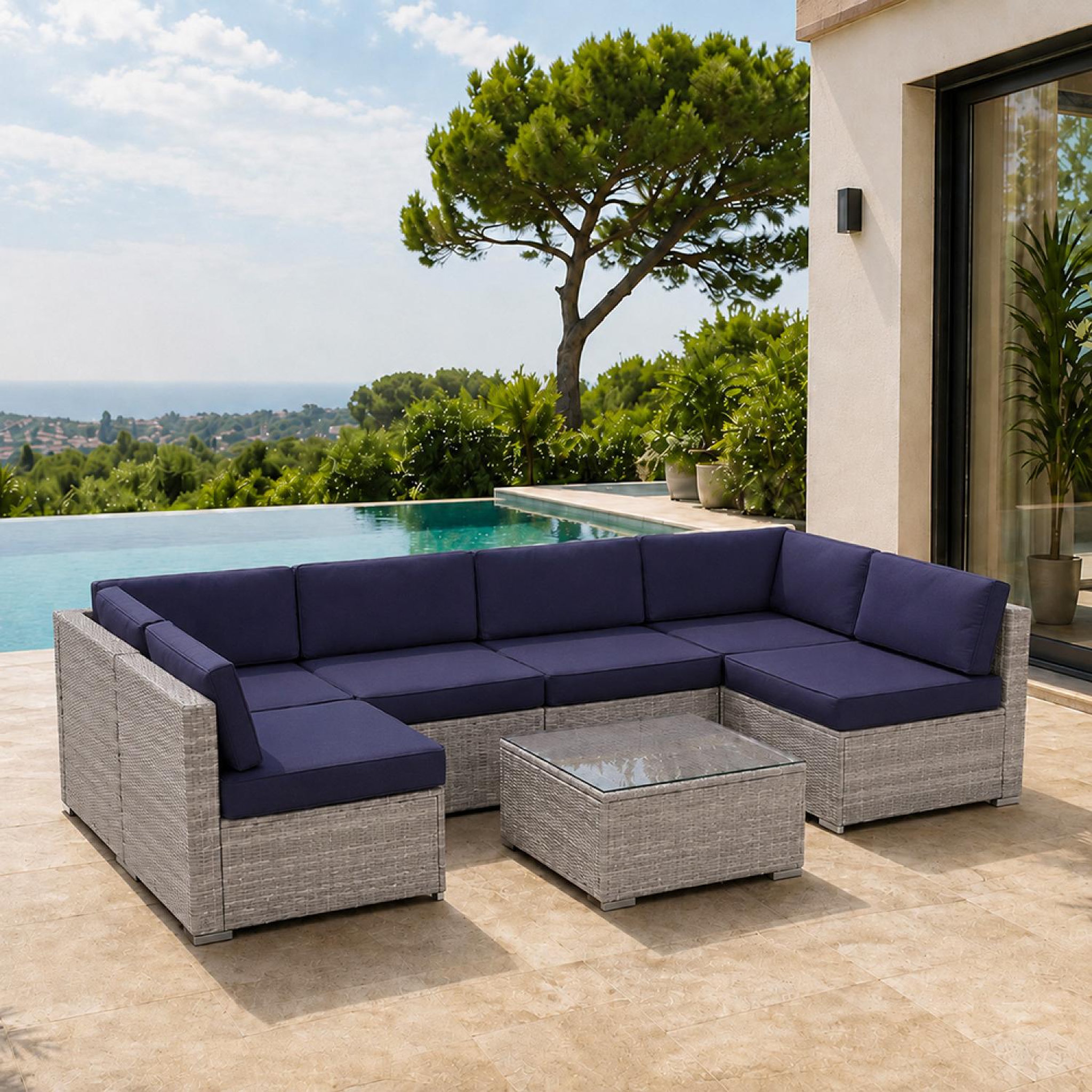 Voir la diapositive 4 : CONCEPT USINE Salon de jardin 6 places modulable en résine tressée gris et bleu qamea