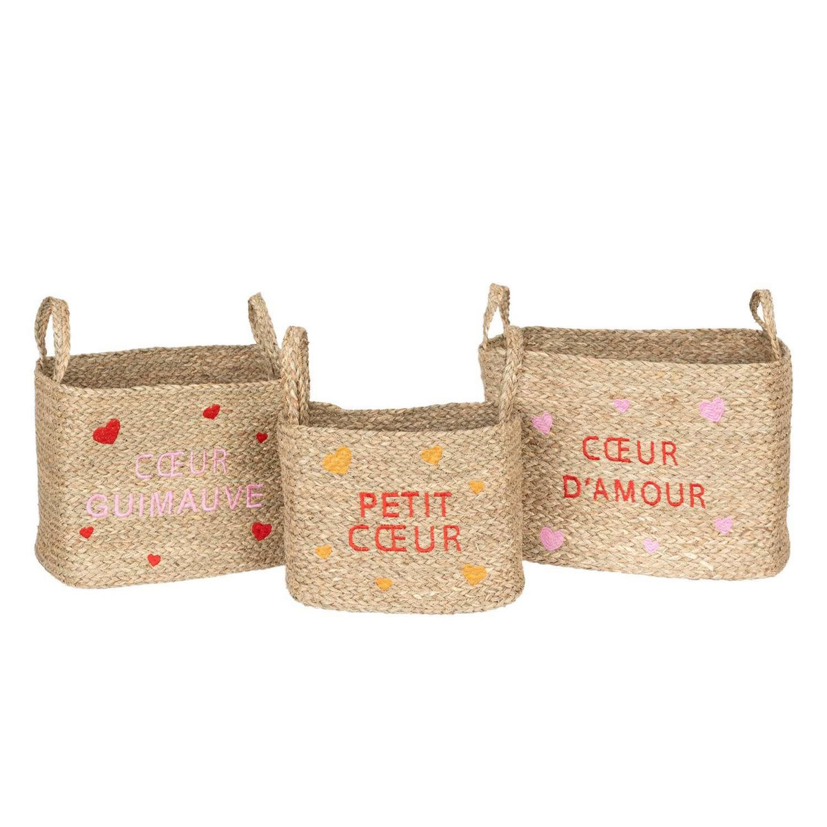ATMOSPHERA Lot de 3 paniers en osier assortis motifs cœur - Beige