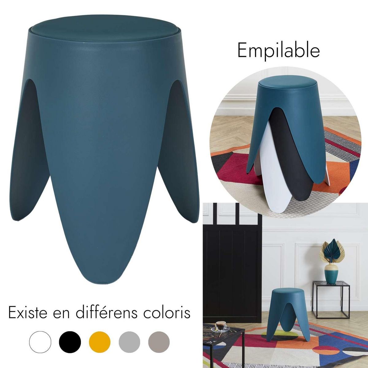 The Home Deco Factory Tabouret d'appoint empilable Emma - Bleu canard