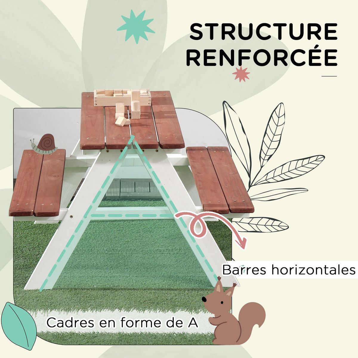 OUTSUNNY Table de pique-nique enfant - 2 bancs - assises, plateau à lattes - bois sapin blanc brique