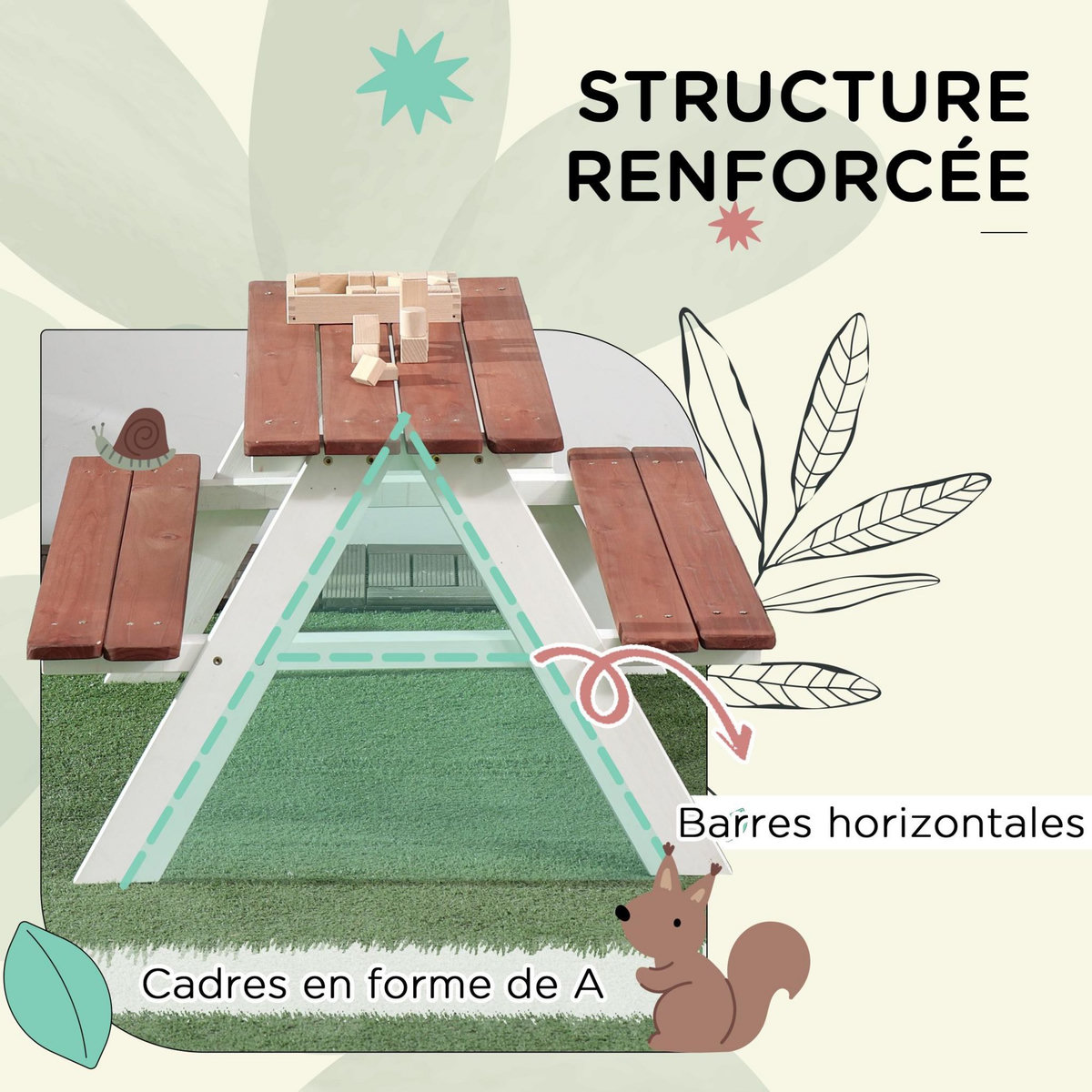 OUTSUNNY Table de pique-nique enfant - 2 bancs - assises, plateau à lattes - bois sapin blanc brique