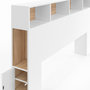 Voir la diapositive 6 : ID MARKET Tête de lit sur pied CLEO 145 cm avec rangements fermés et niches blanc et façon hêtre