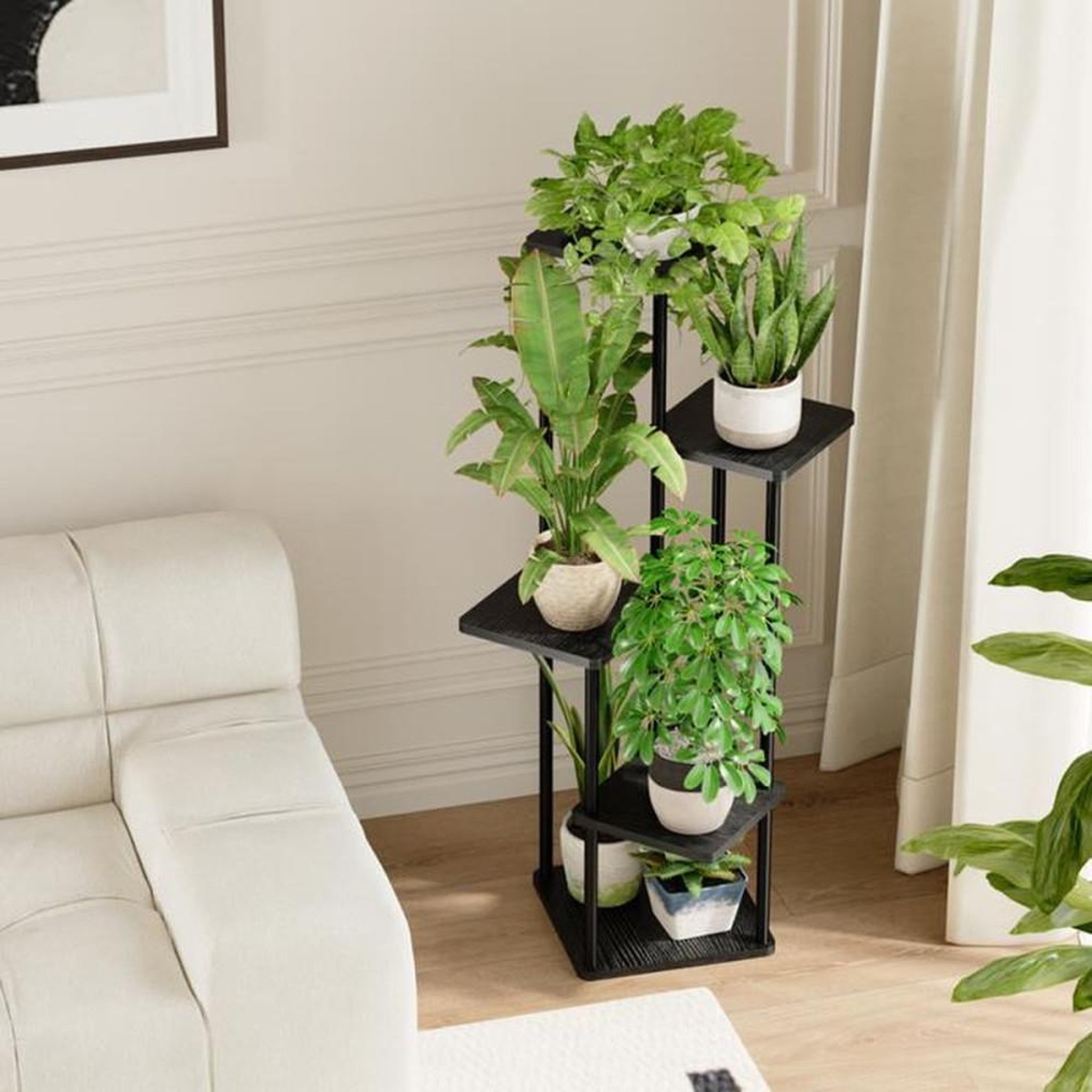 Voir la diapositive 4 : Porte-plantes 5 niveaux en métal et bois noir, pour jusqu'à 5 pots, 47 x 47 x 106,7 cm