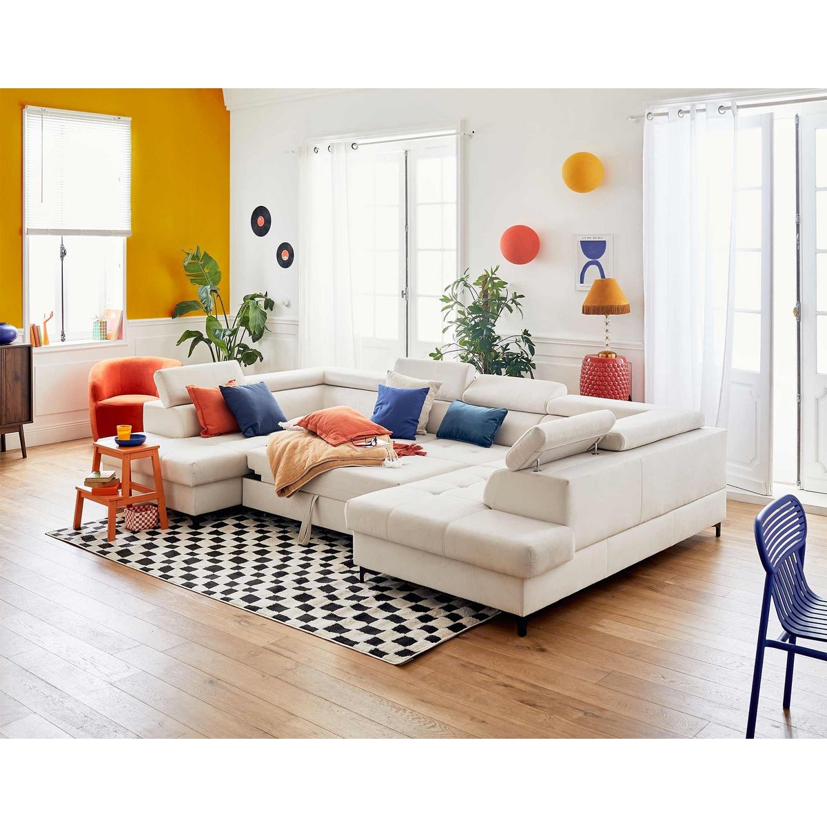 LISA DESIGN Merida - canapé panoramique en u - 7 places - convertible avec coffres et têtières réglables - en velours