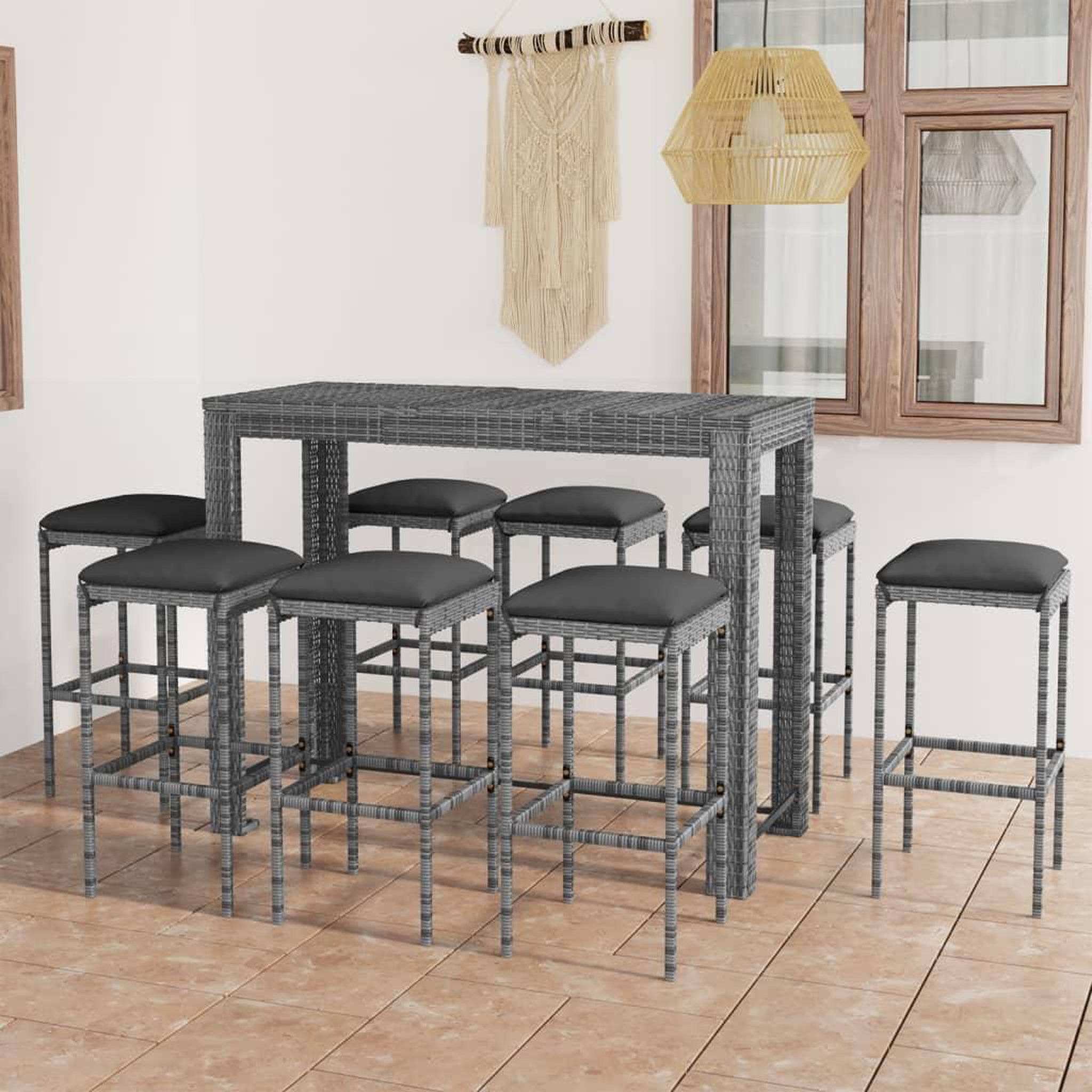 Voir la diapositive 1 : VIDAXL Ensemble de bar de jardin 9 pcs et coussins Resine tressee Gris