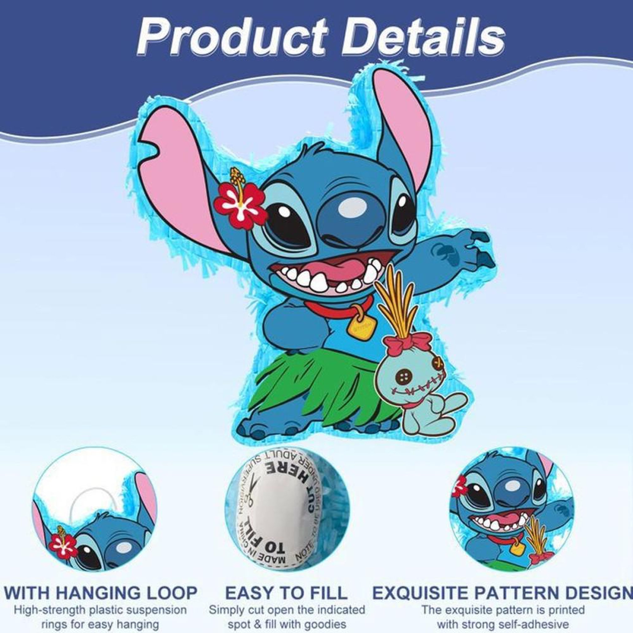 Voir la diapositive 5 : Piñata Stitch multicolore pour fête enfant avec masque et bâton, décorations Disney, franges festives, à remplir, 37 x 20 cm