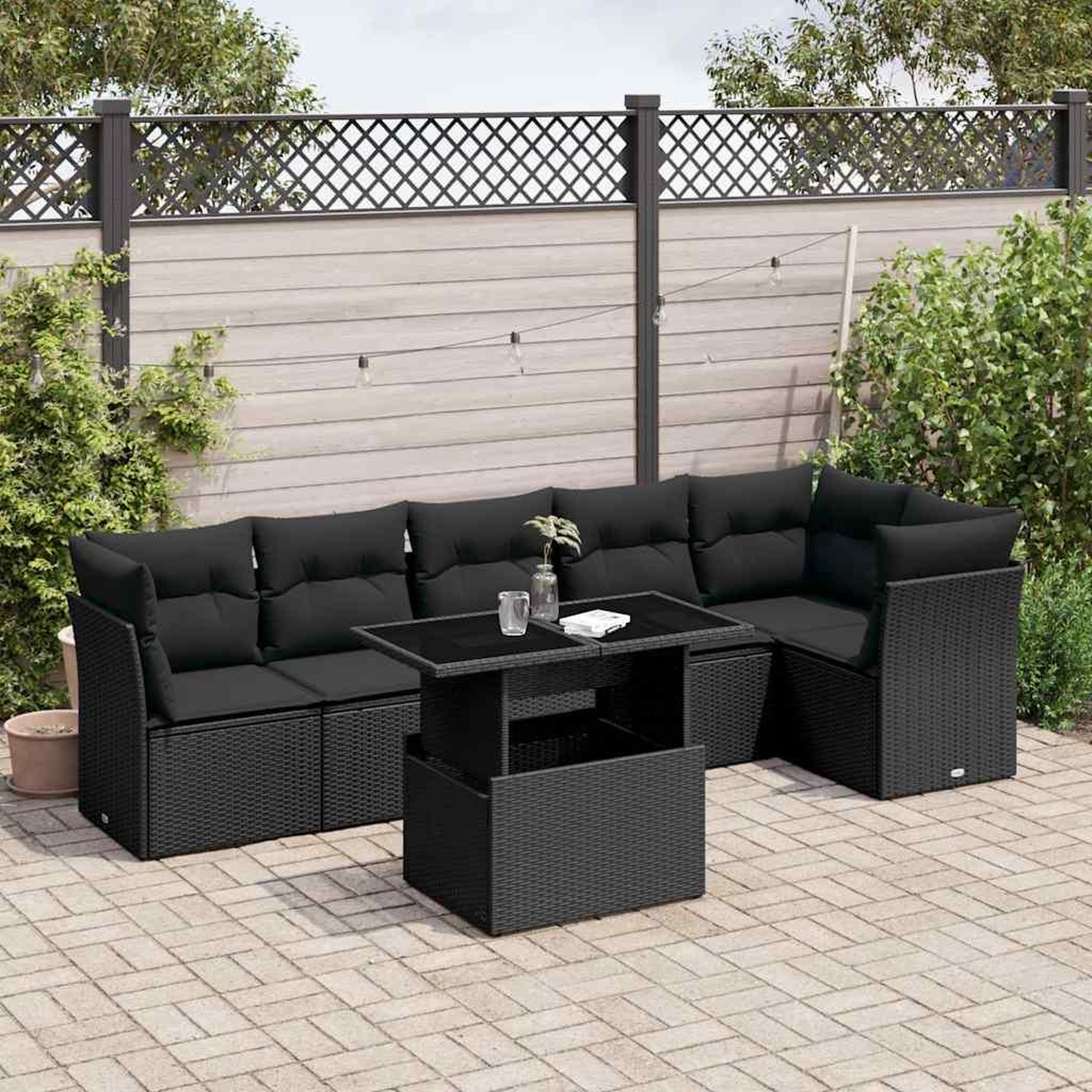 VIDAXL Salon de jardin 7 pcs avec coussins noir resine tressee
