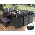 BEST MOBILIER Fira - salon de jardin encastrable 10 places - en résine tressée - noir avec coussins gris + housse de protection. Coloris disponibles : Bicolore