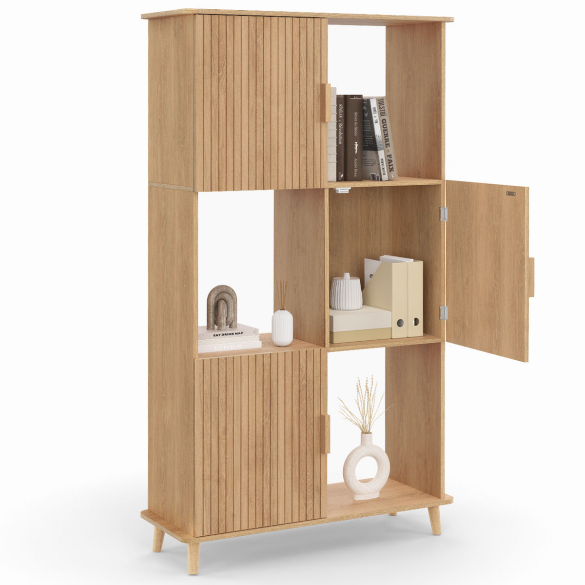 ID MARKET Etagère bibliothèque 6 cases JULIETTE lattes tasseau bois coloris chêne avec placard