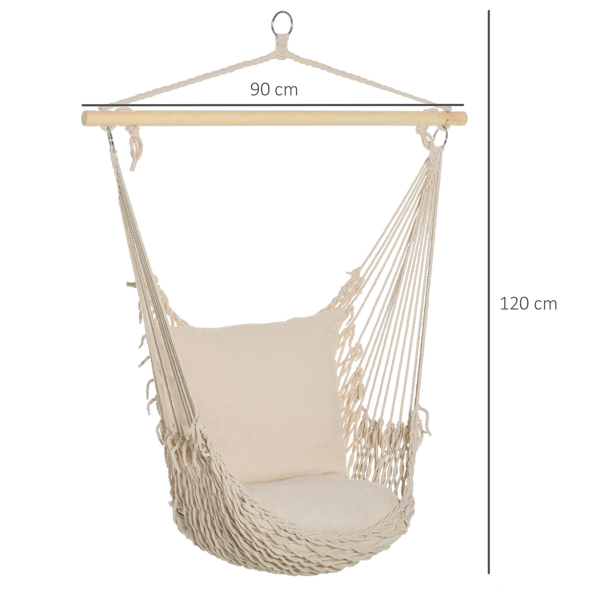Voir la diapositive 3 : OUTSUNNY Chaise suspendue - fauteuil suspendu - assise dossier rembourrés - bois macramé tissu beige