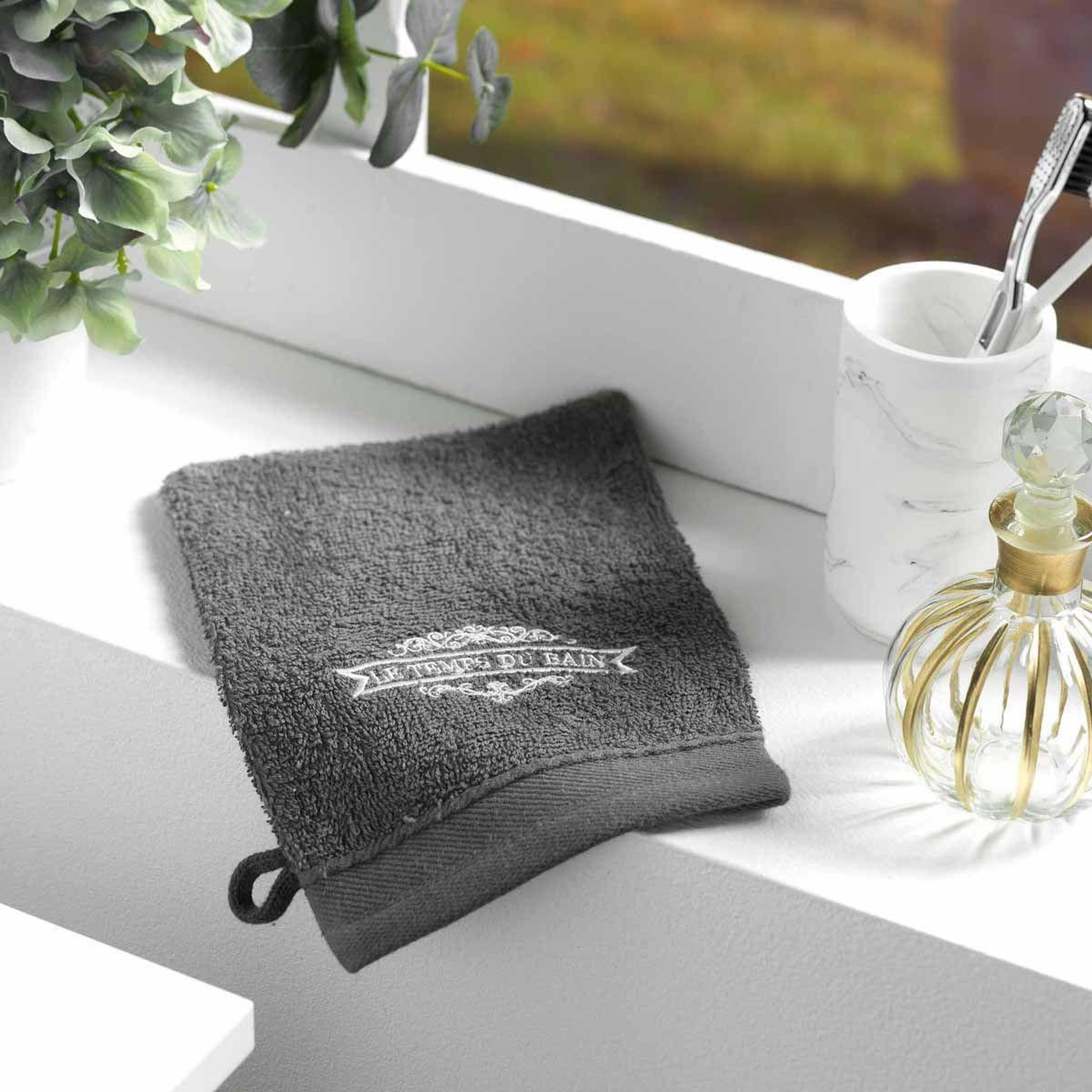 Douceur d'Intérieur Lot de 2 gants de toilette  vintage  15x21cm anthracite