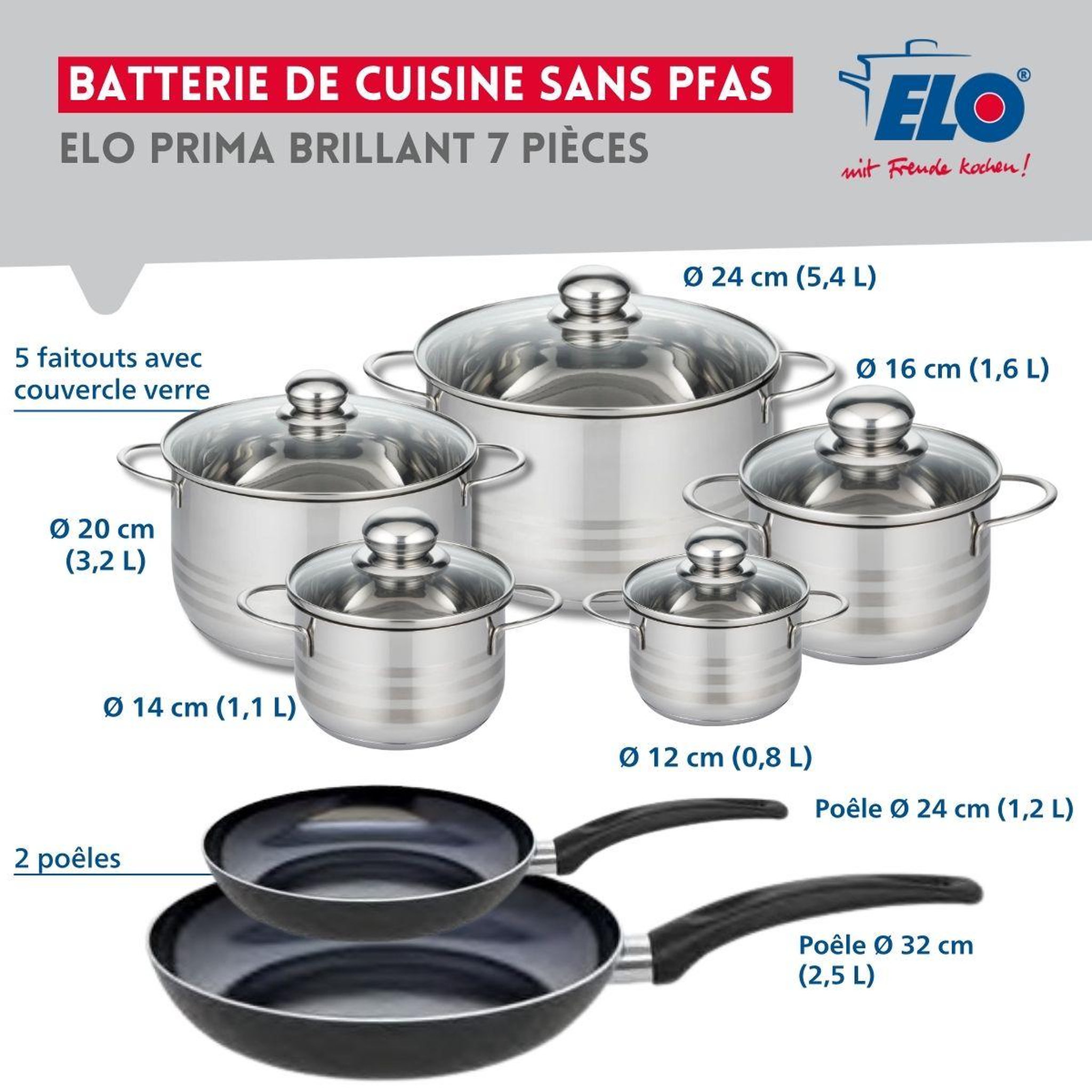 Voir la diapositive 2 : ELO Ensemble de 2 poêles de cuisson 24 et 32 cm et 5 faitouts 12, 14, 16, 20 et 24 cm elo prima brillant