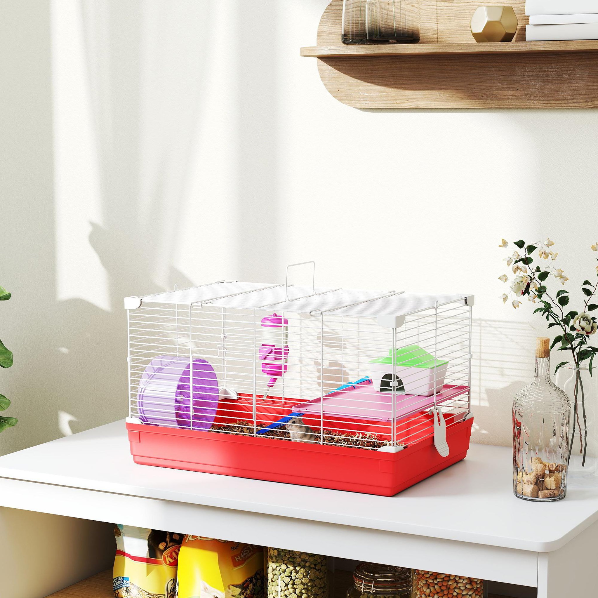 Voir la diapositive 4 : PAWHUT Cage rongeur hamster 2 niveaux cabane roue échelle biberon mangeoire 47 x 30 x 27 cm blanc rouge
