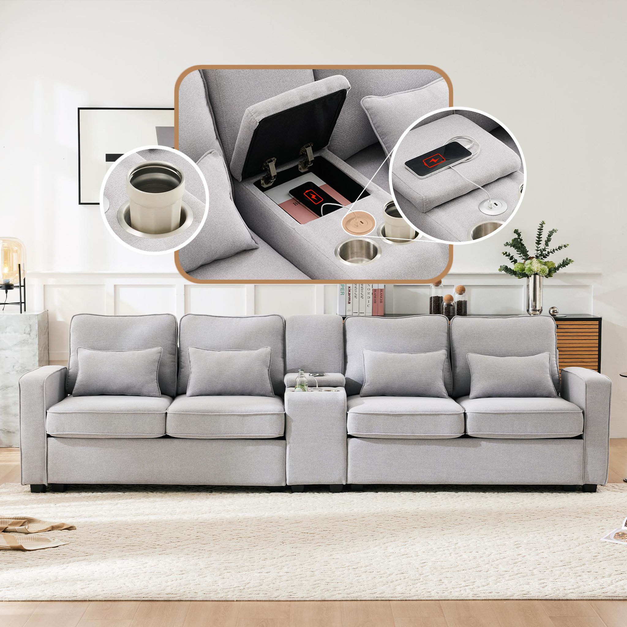 Voir la diapositive 3 : MERAX Canapé 4 Places Fixe Lin Avec 2 Porte-gobelets, 2 Ports USB