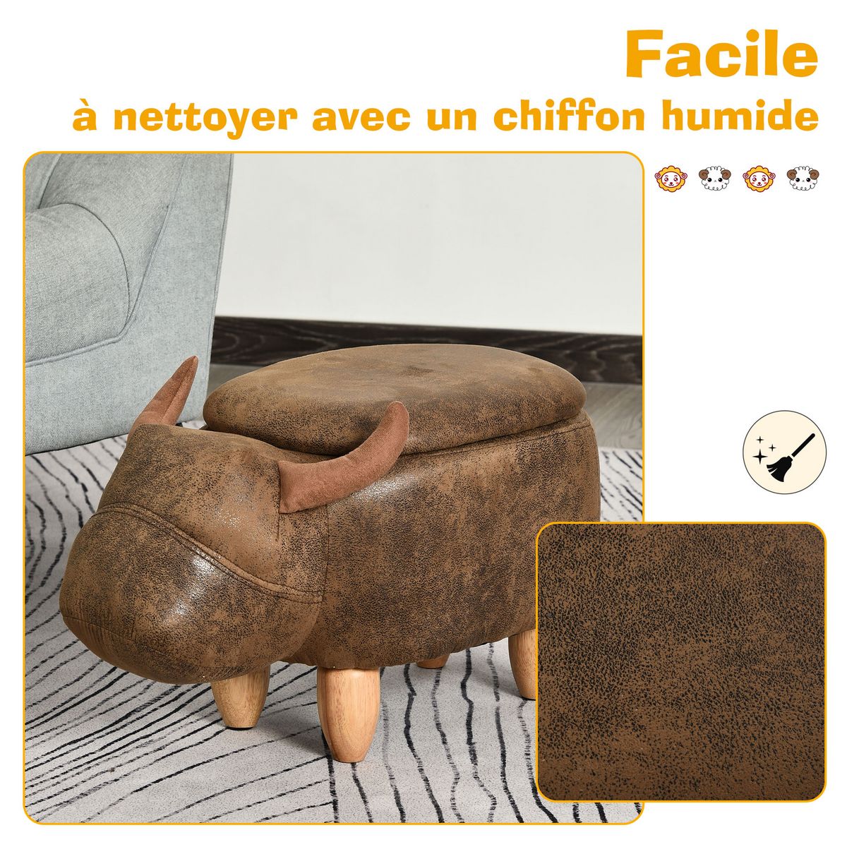 HOMCOM Tabouret vache - pouf vachette - pouf taureau coffre de rangement 2 en 1 - pieds bois d'hévéa revêtement synthétique aspect daim vieilli marron