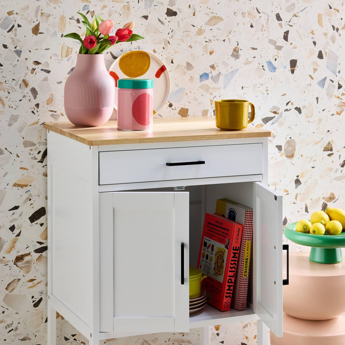 SWEEEK Desserte de cuisine BENDOR plateau en bois d'hévéa, 56 x 46 x 90 cm, 4 roues, 1 tiroir, 2 étagère, 1 double porte, style contemporain