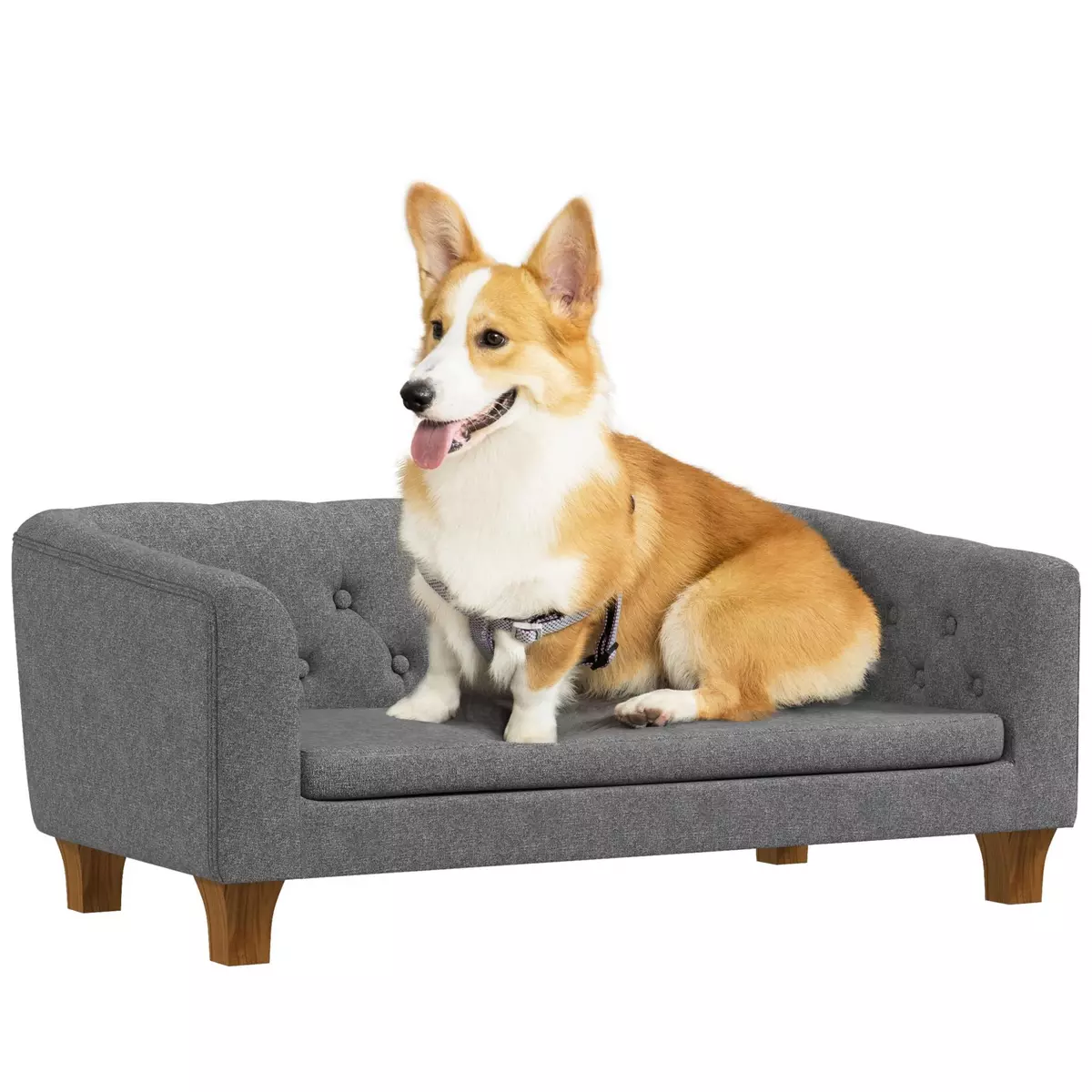 PAWHUT Canapé chien lit pour chien style Chesterfield dossier capitonné coussin moelleux pieds bois polyester gris