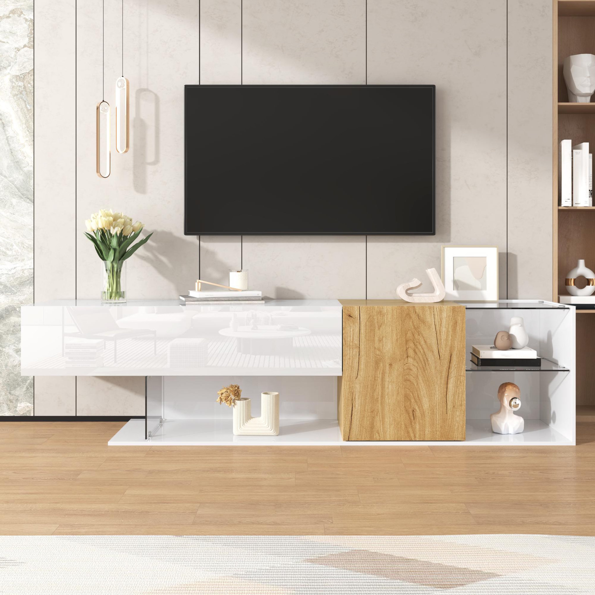Voir la diapositive 2 : MERAX Meuble tv blanc+naturel 180 cm panneau de particules