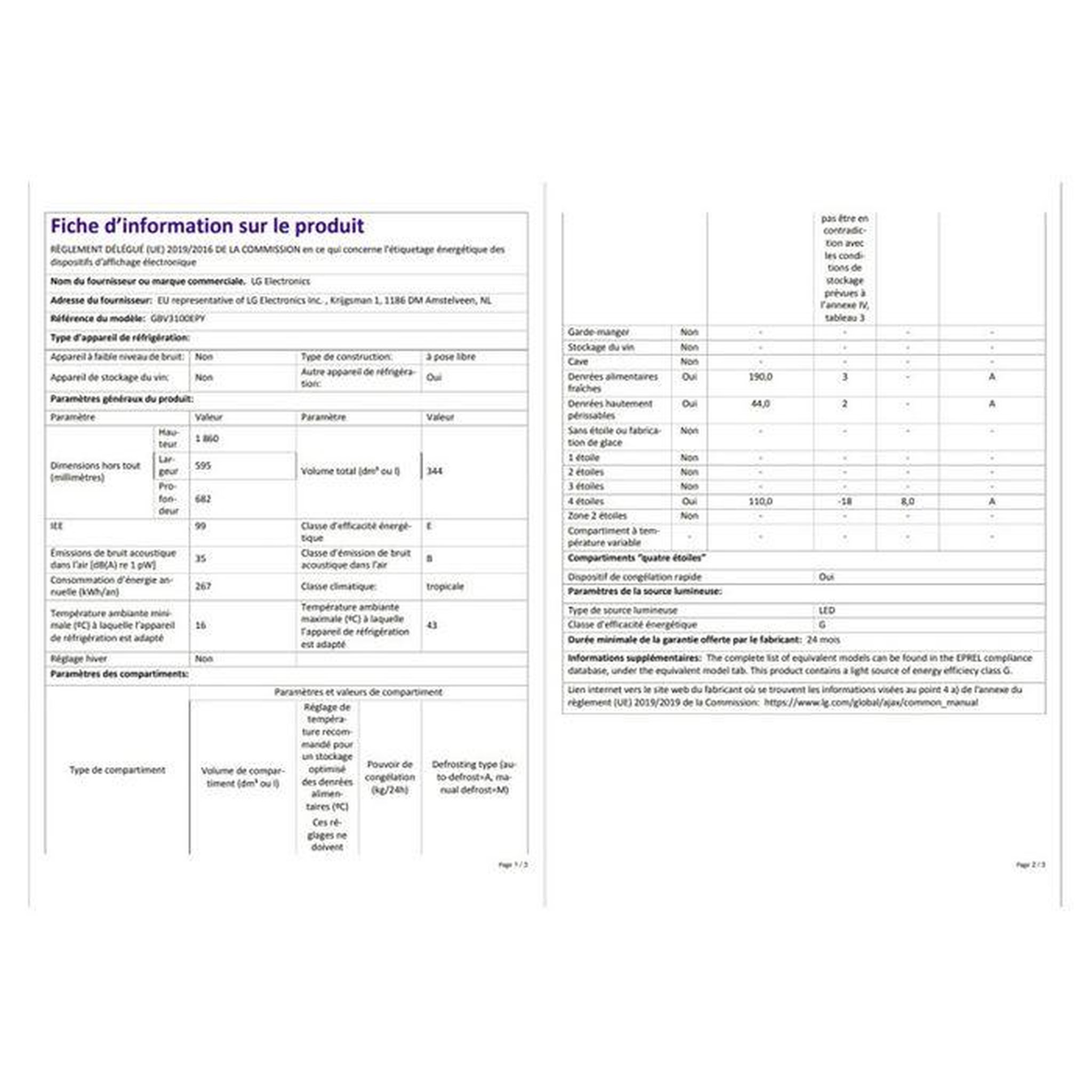 Voir la diapositive 6 : LG Réfrigérateur combiné 60cm 344l nofrost gris - gbv3100epy
