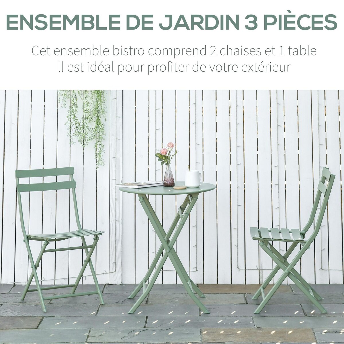 OUTSUNNY Salon de jardin bistro pliable - table ronde Ø 60 cm avec 2 chaises pliantes - métal thermolaqué vert d'eau