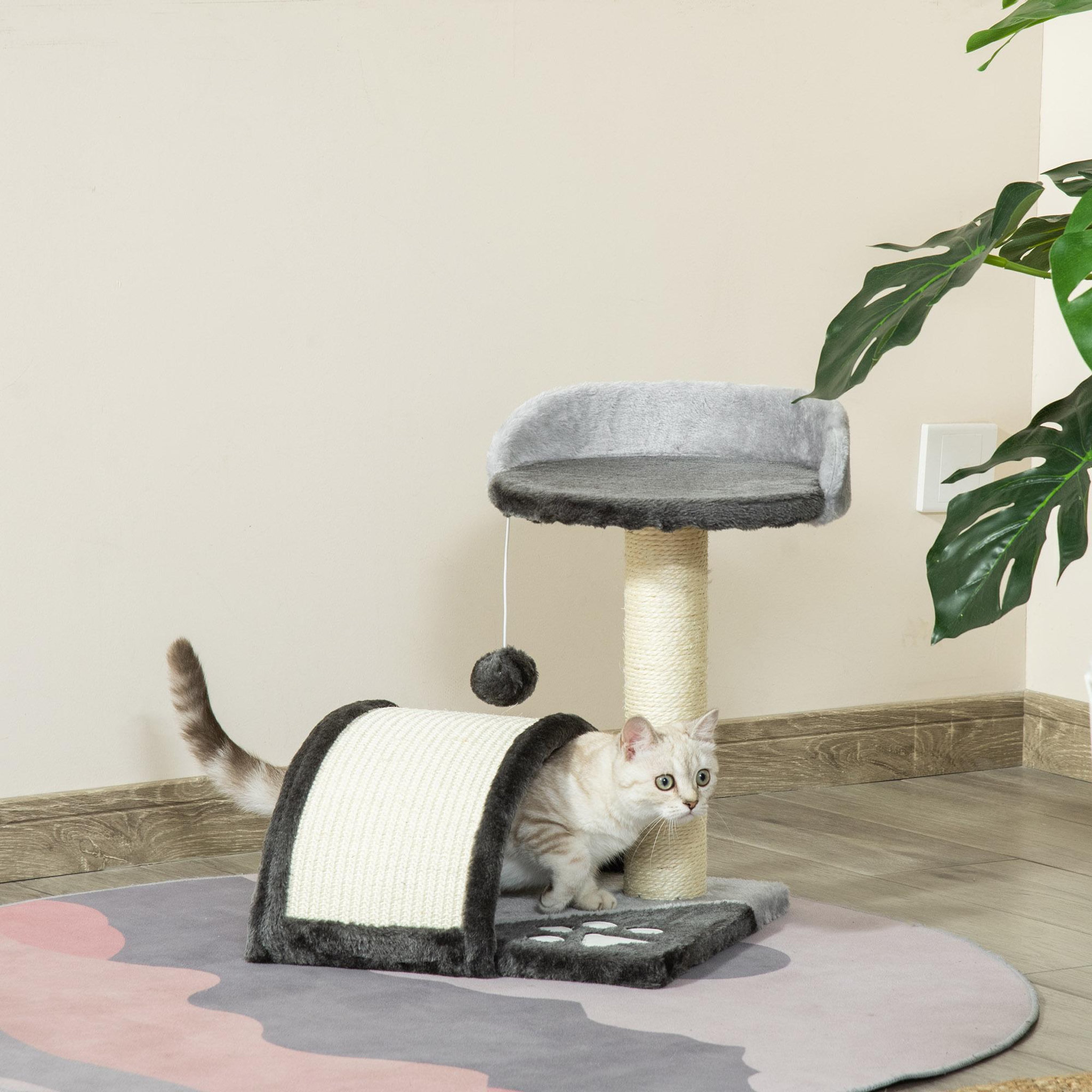 Voir la diapositive 2 : PAWHUT Arbre à chat griffoir grattoir design jeu boule suspendue + plateforme peluche sisal naturel gris